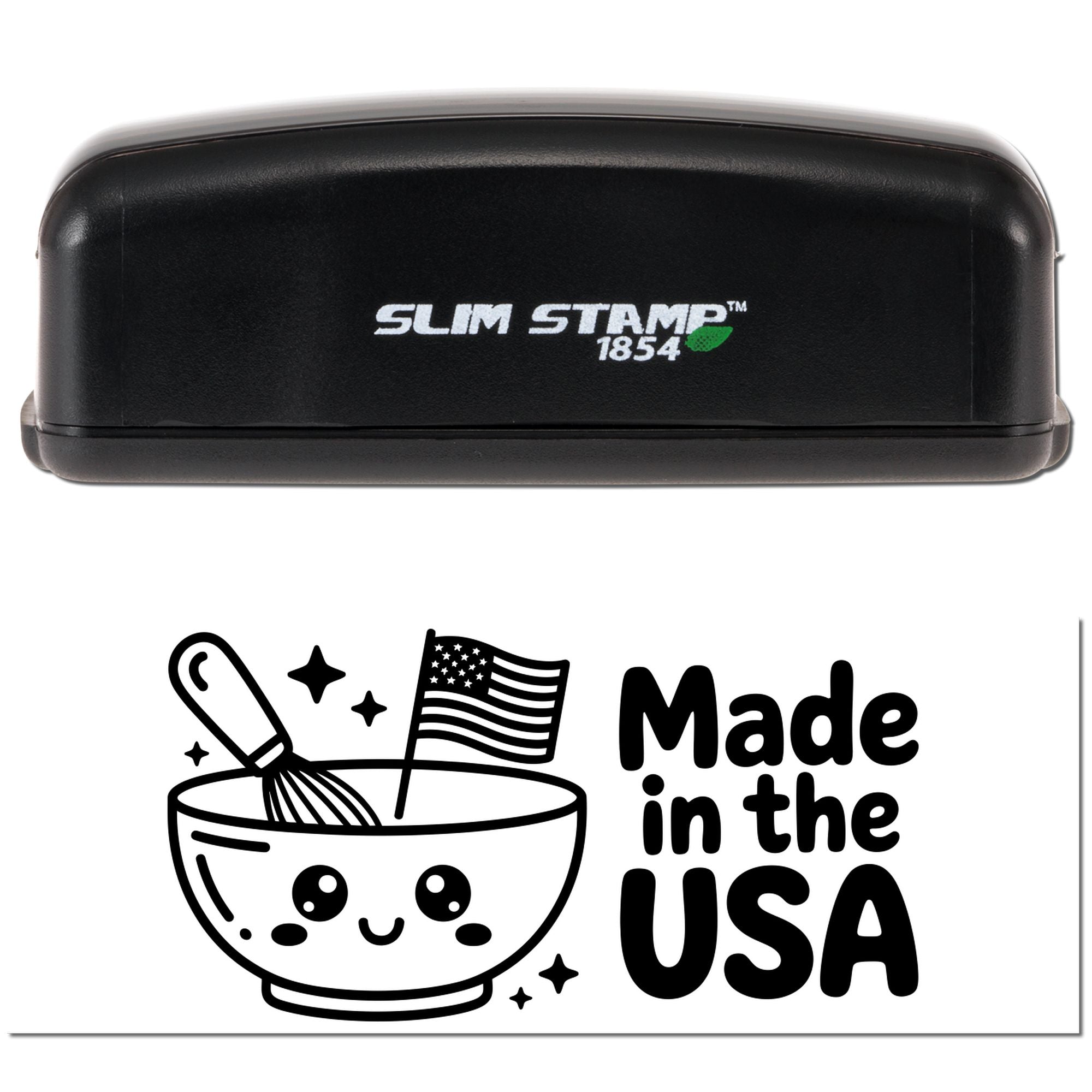 Black Slim Stamp 1854 self-inking stamp and seal with Made in the USA bowl, whisk, and flag graphic on white.