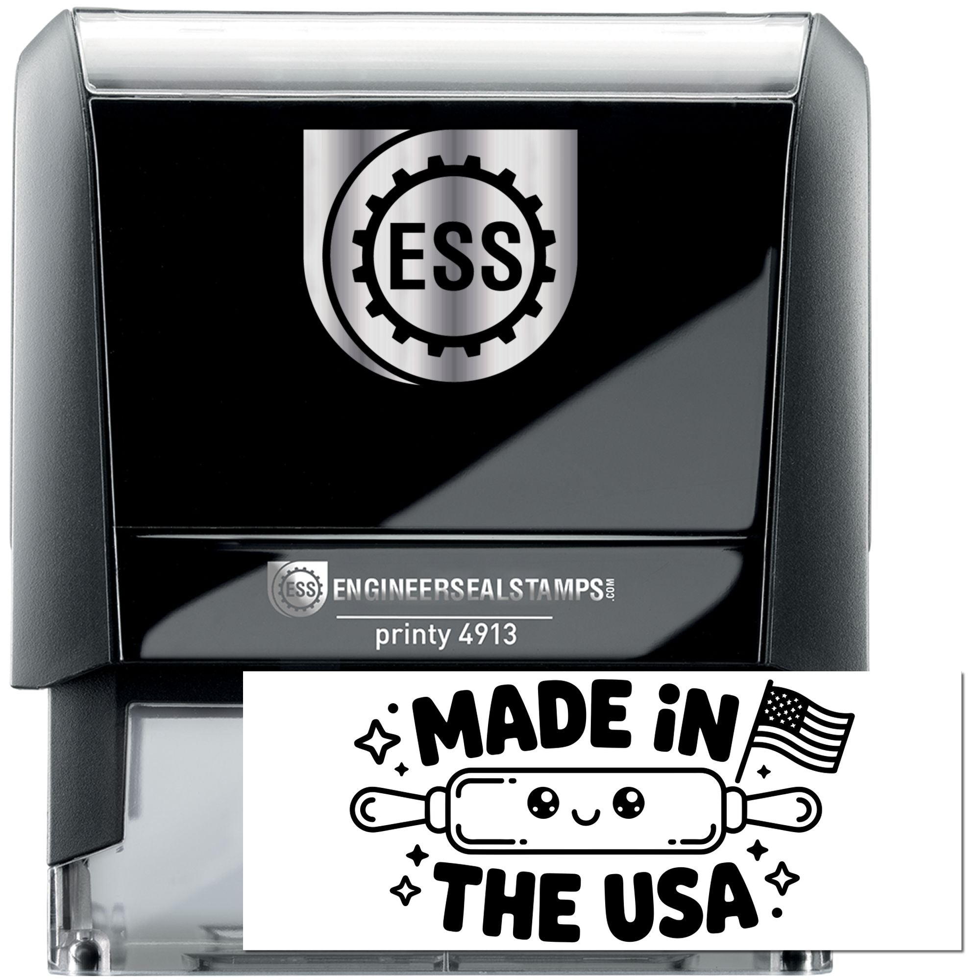 Black self-inking ESS stamp and seal set with silver logo, printy 4913, and Made in USA seal graphic.