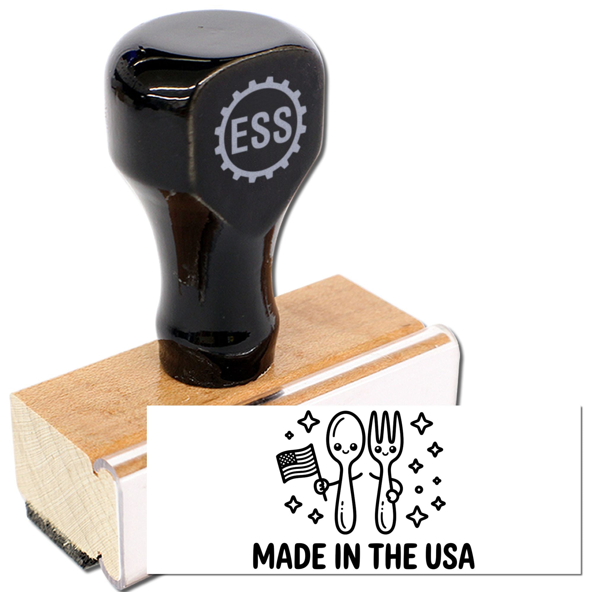 Black ESS self-inking stamp seal on a wood block, with a white Made in the USA graphic and fork-spoon logo.