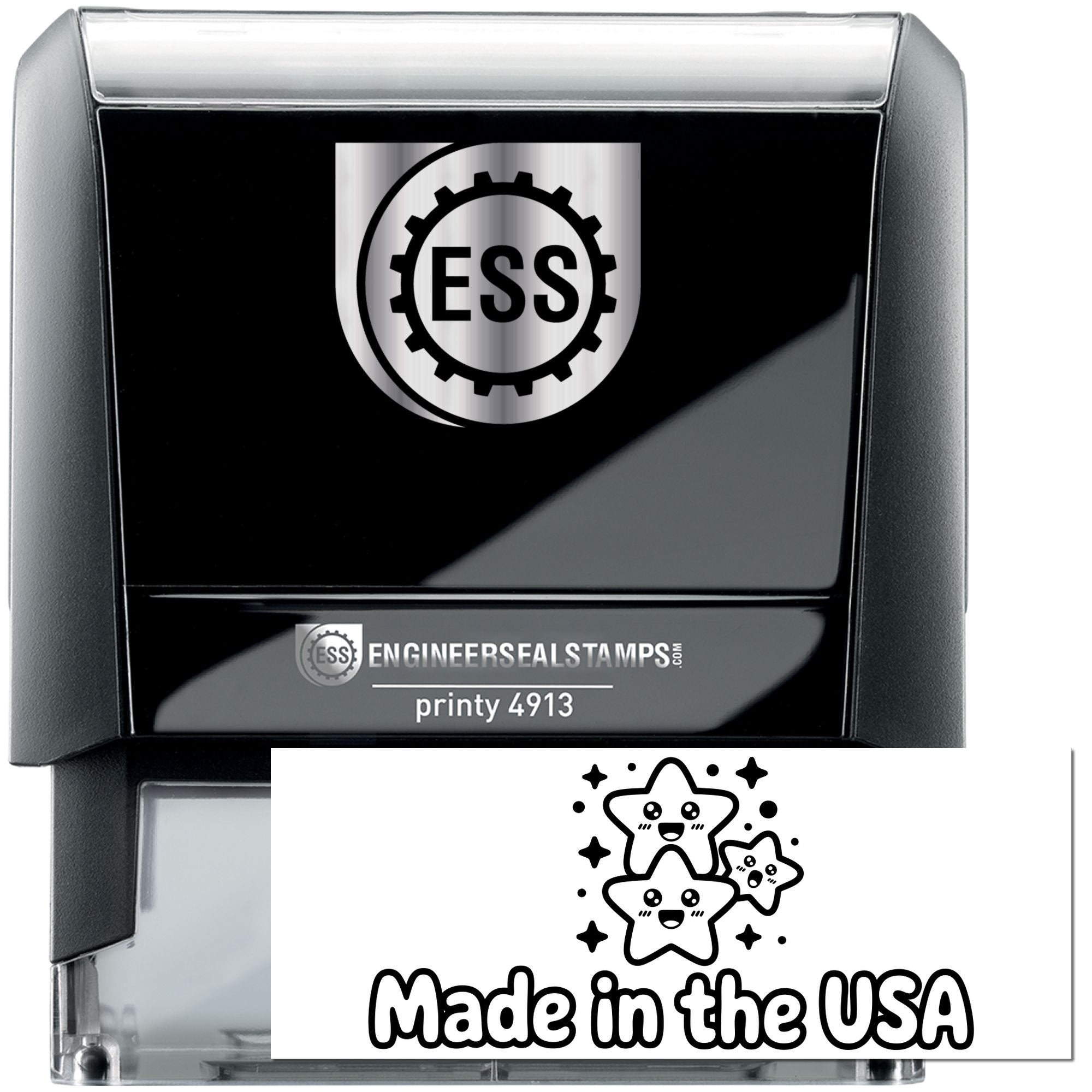 Black ESS self-inking stamp and seal in black and silver, printy 4913, with Made in the USA seal graphic.