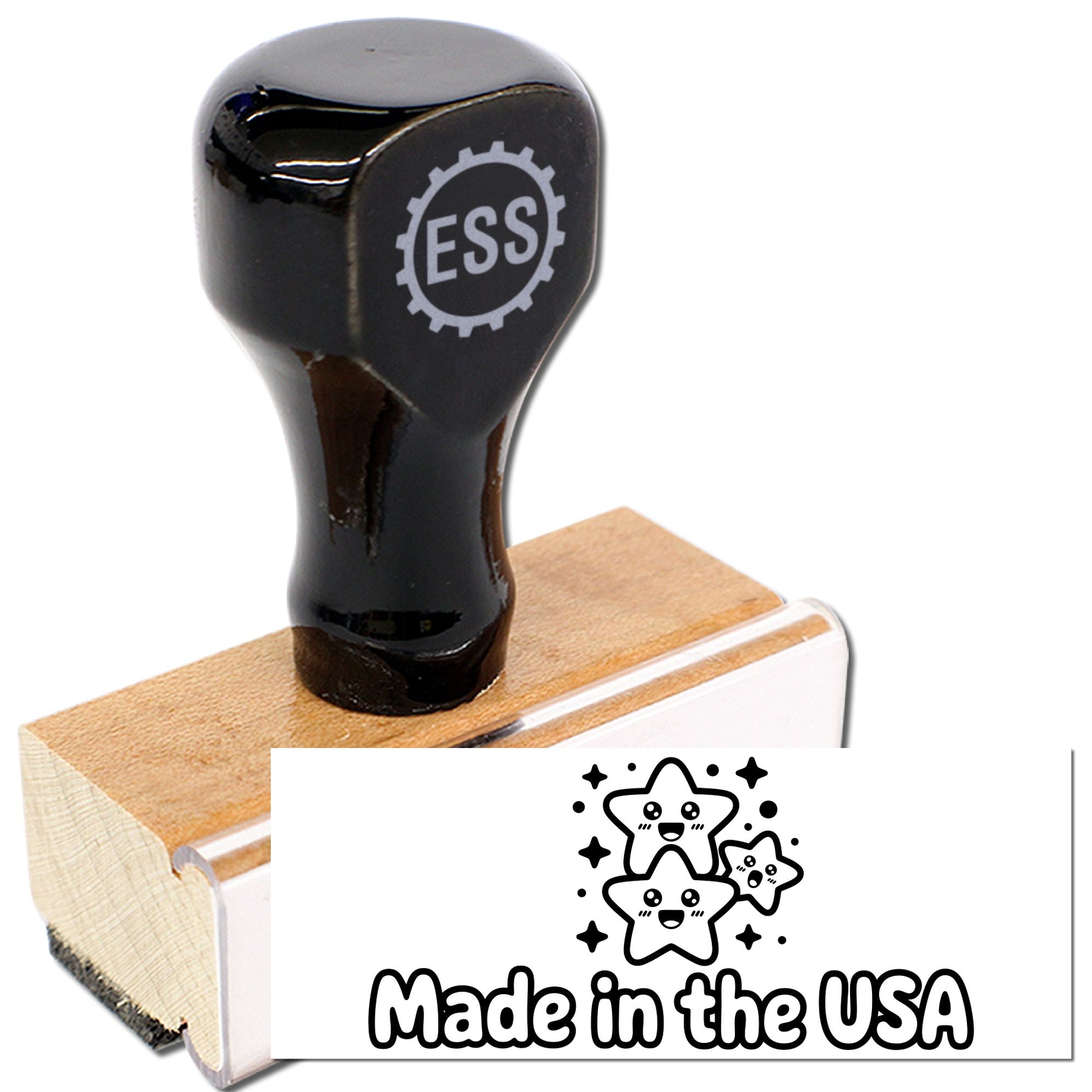 Black ESS self-inking stamp and seal with wooden base, featuring a Made in the USA design