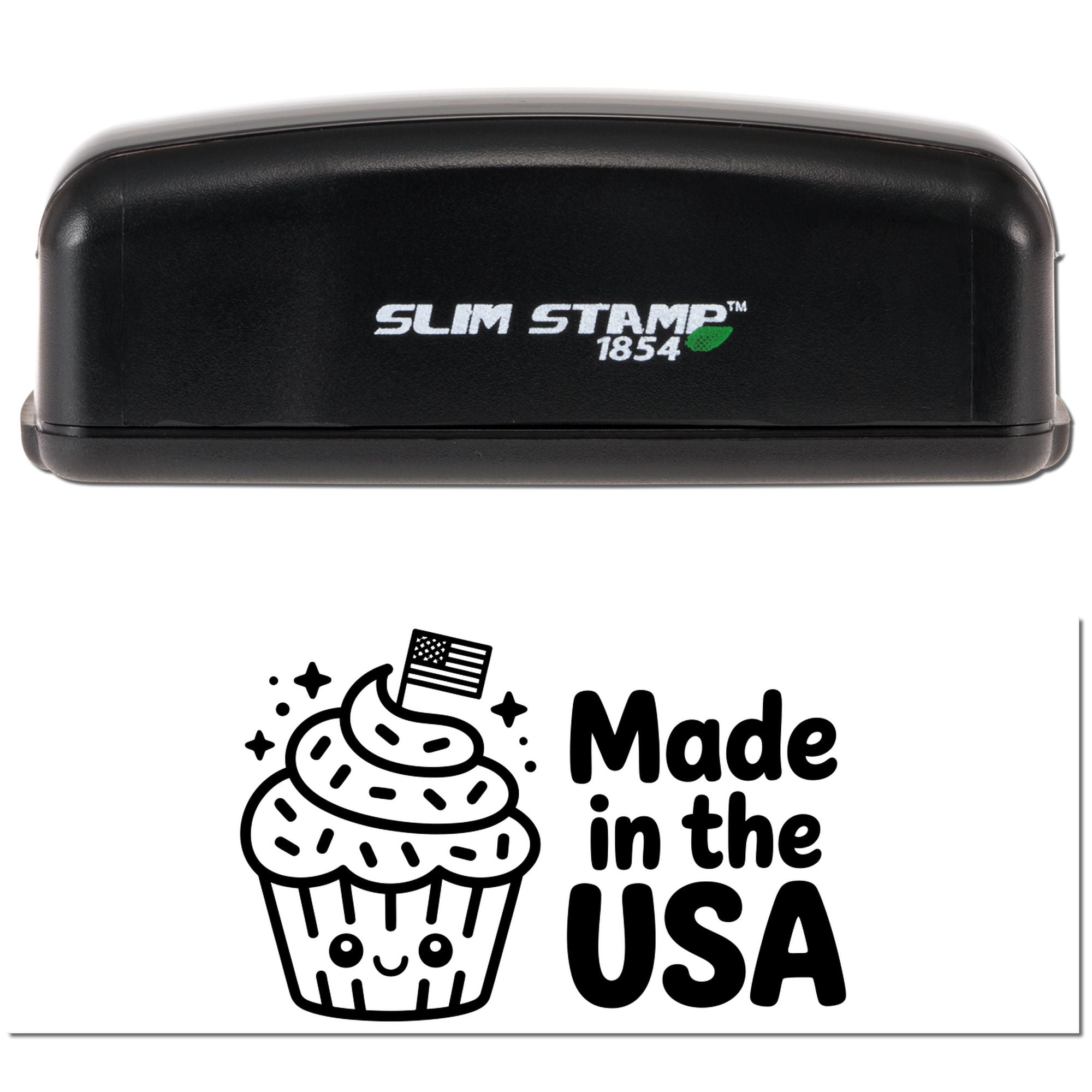 Black Slim Stamp 1854 stamp and seal in black with white logo and green accent, plus Made in the USA cupcake graphic.