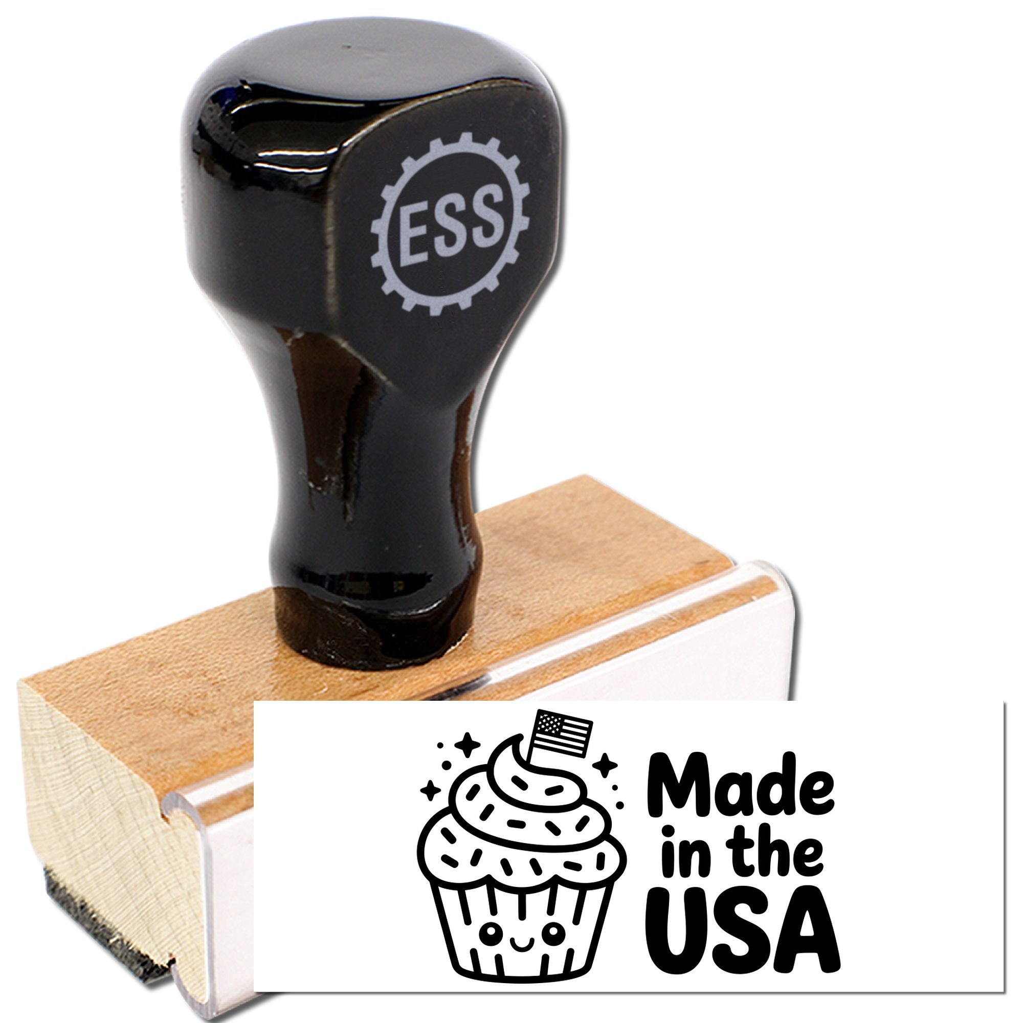Black custom stamp and seal on wooden block with ESS gear logo and Made in the USA cupcake design