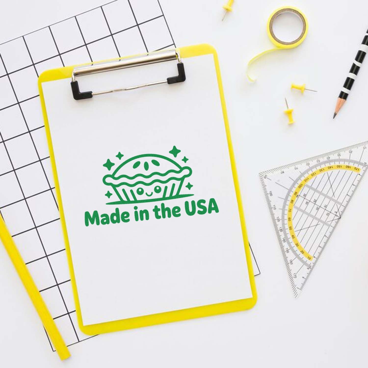 Green Made in the USA seal stamp on a yellow clipboard with grid paper and drafting tools.