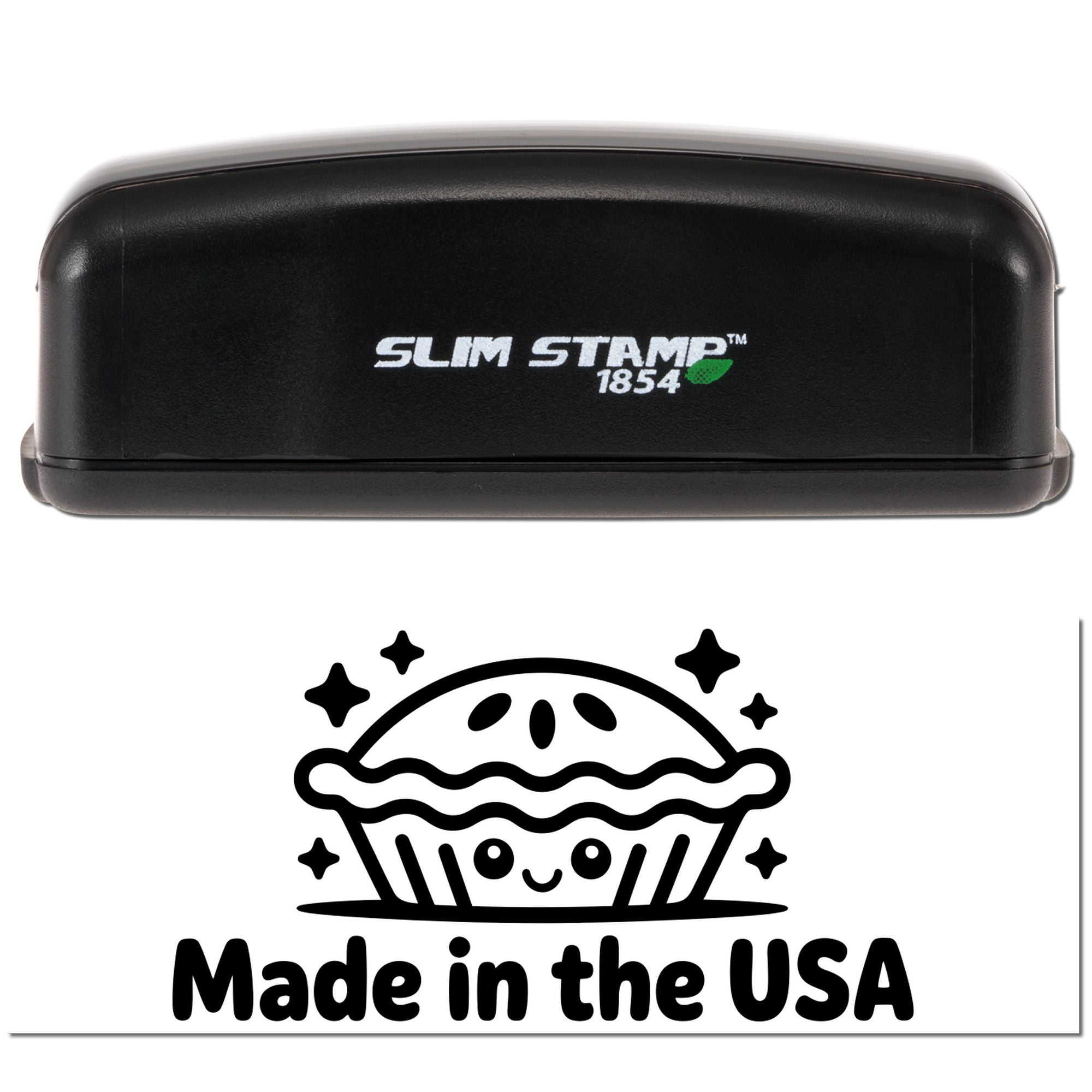 Black Slim Stamp 1854 stamp and bold black Made in the USA seal with cupcake icon on white background.