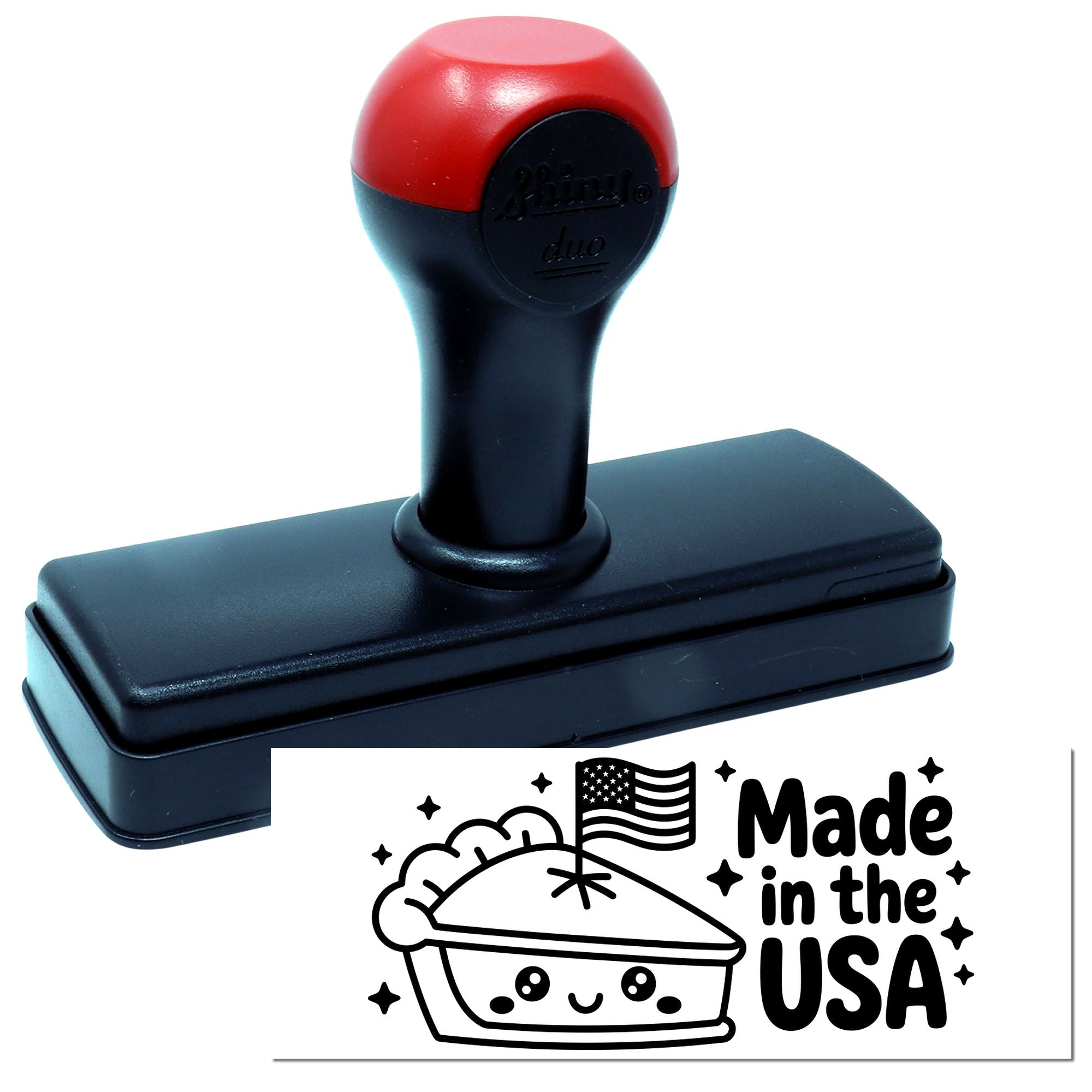 Red and black self-inking stamp with rectangular base and Made in the USA seal graphic