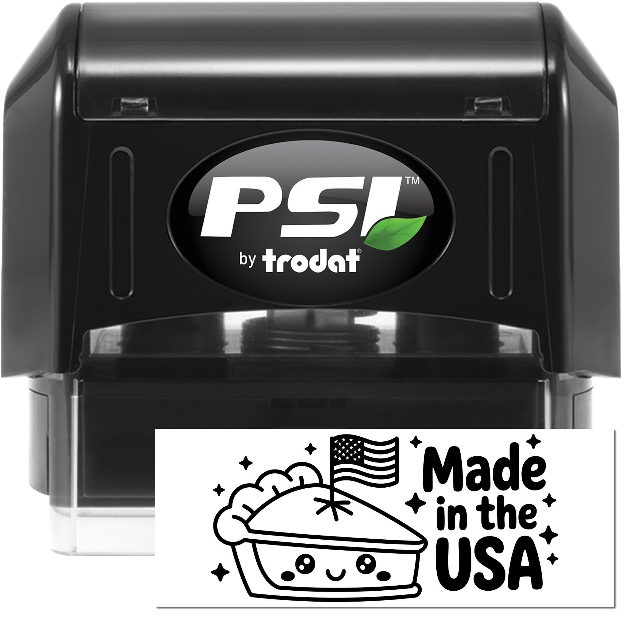 Black PSI by Trodat self-inking stamp in black with green leaf logo, plus a Made in the USA seal sticker