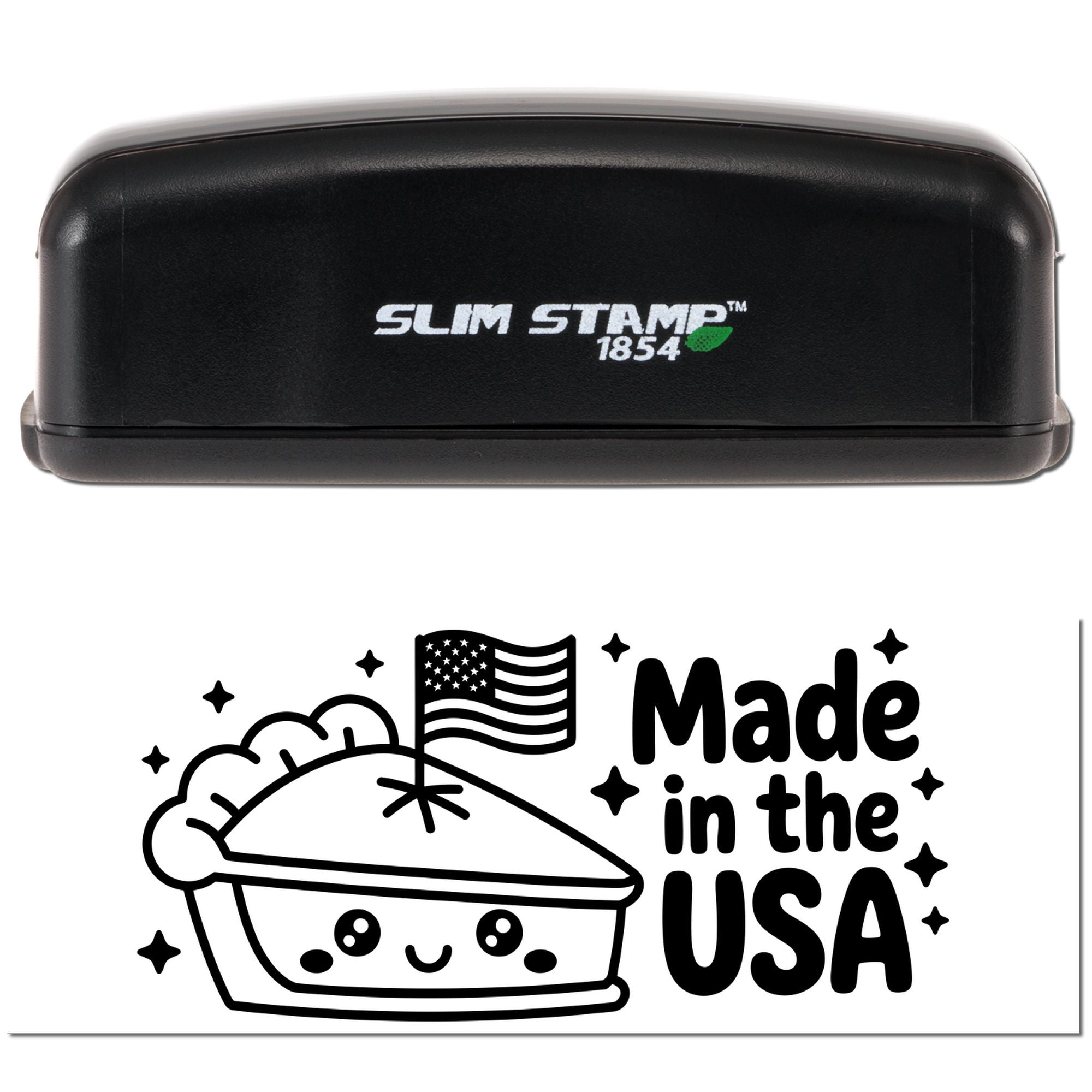 Black Slim Stamp 1854 stamp case above a Made in the USA seal with pie graphic and American flag.
