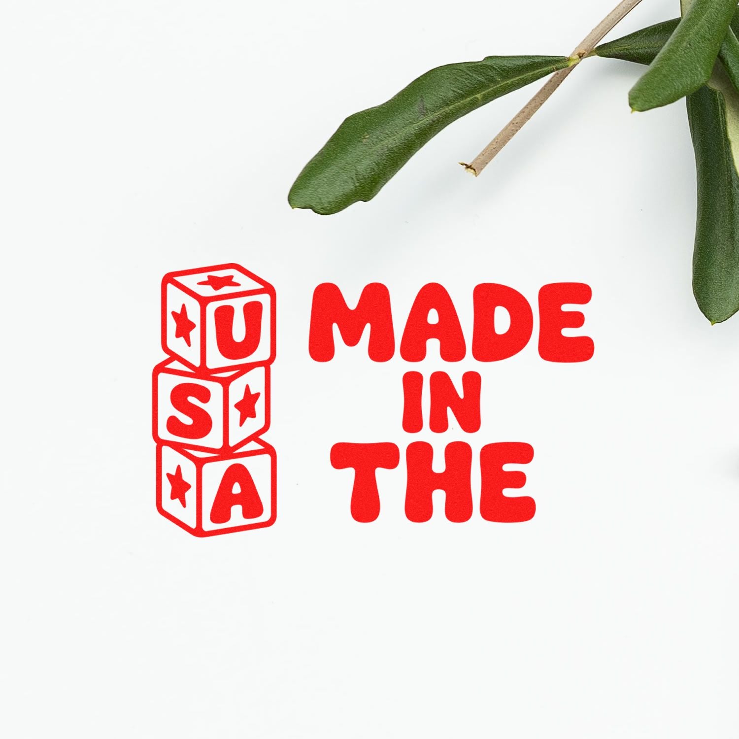 Red USA-made stamp and seal product design with stacked letter blocks, star icons, and green leaves on white background