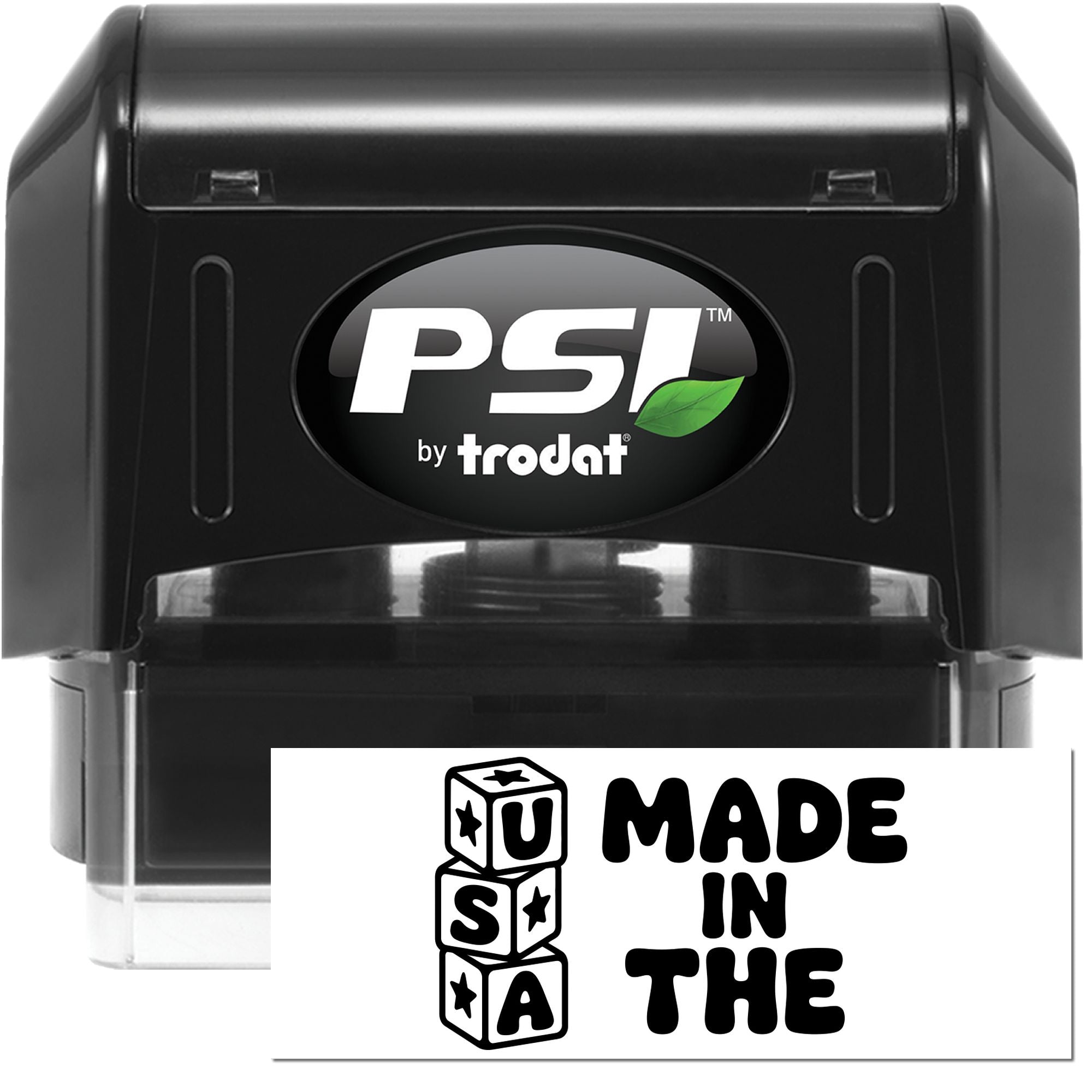 Black PSI by Trodat self-inking stamp and white Made in the USA seal with bold black lettering.