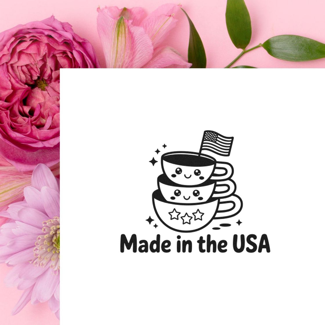 White stamp and seal product with black stacked teacup design, American flag, and Made in the USA on a pink floral background.