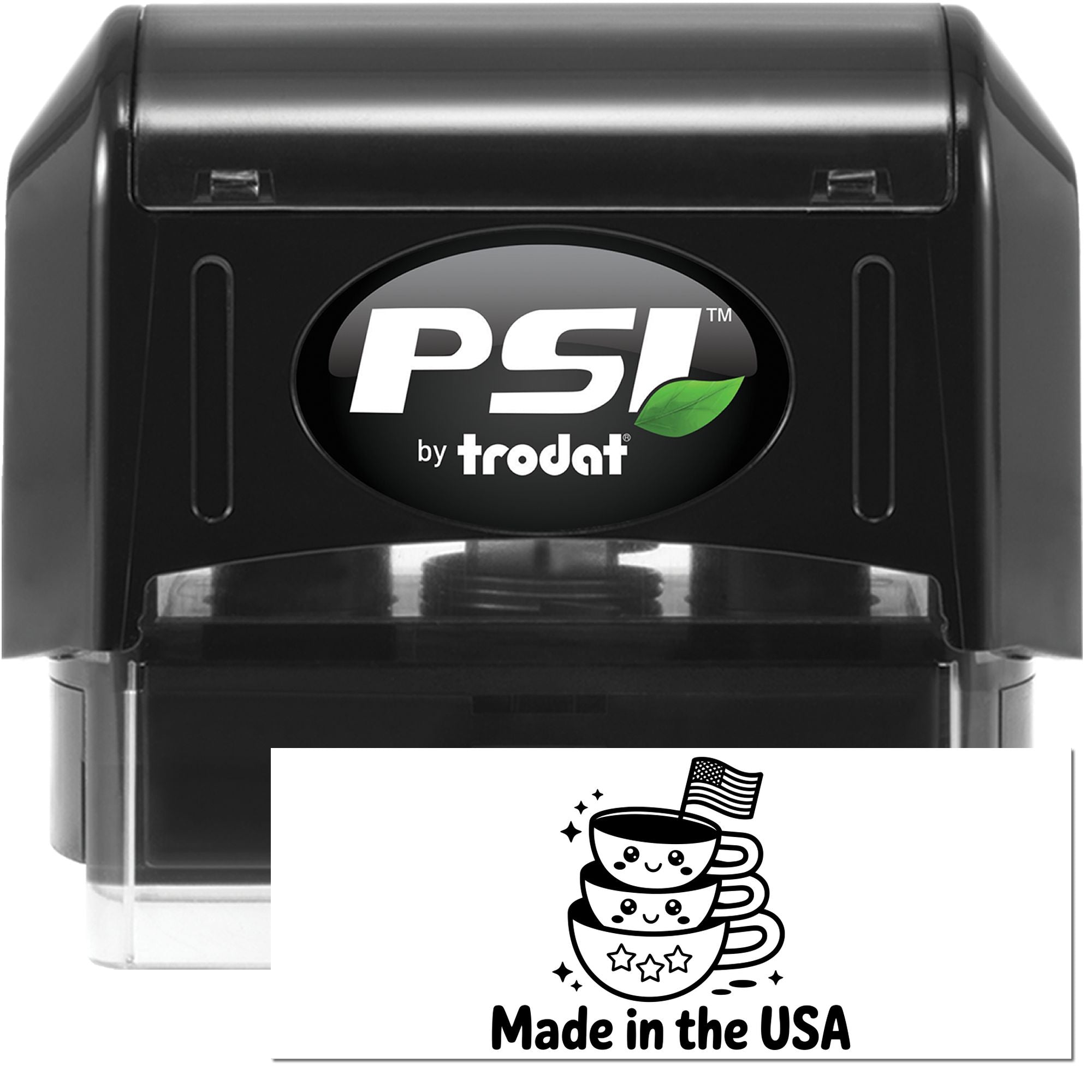 Black PSI by Trodat self-inking stamp with green leaf logo; includes a Made in the USA seal design.