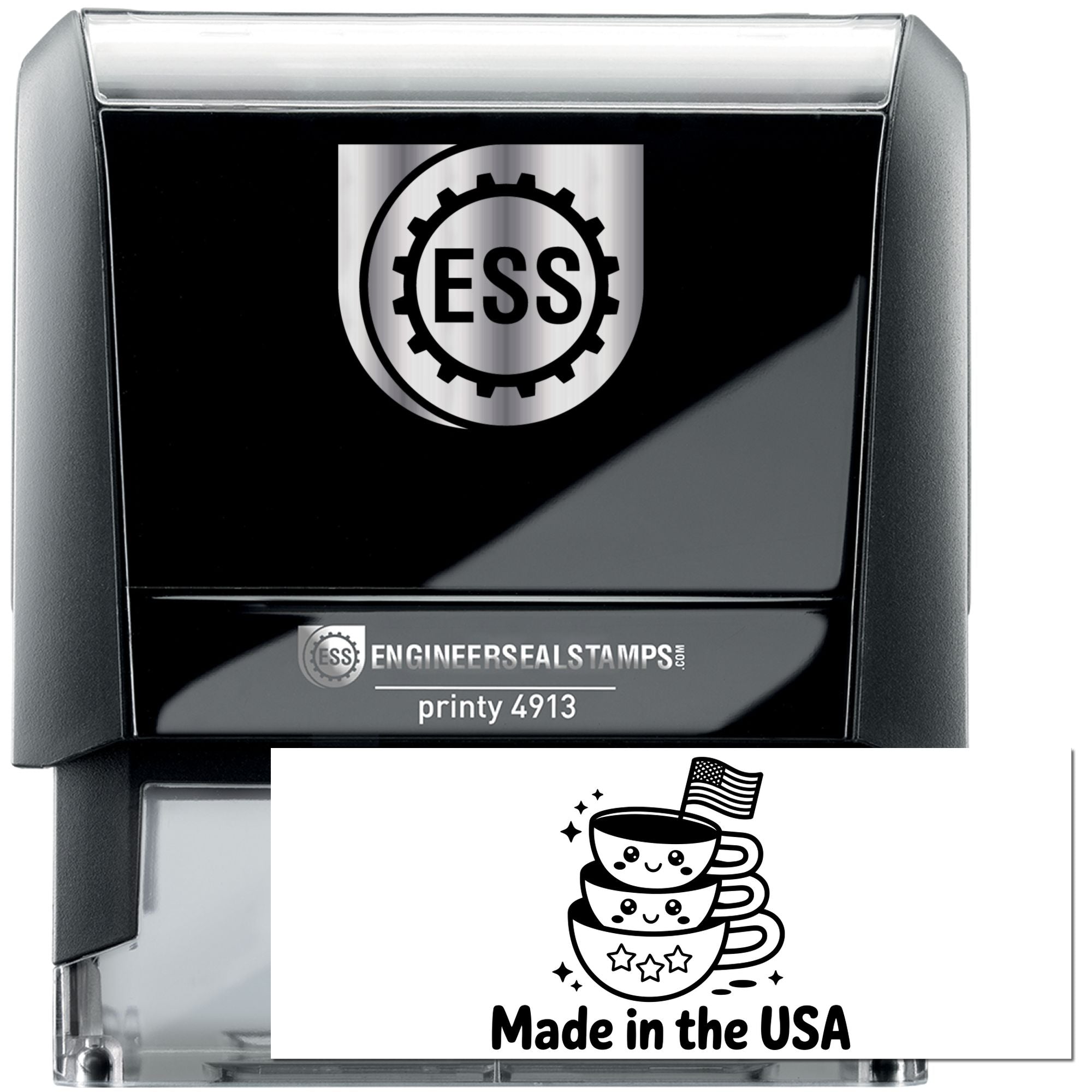 Black-and-silver self-inking ESS stamp, Printy 4913, with metallic logo and Made in the USA seal.