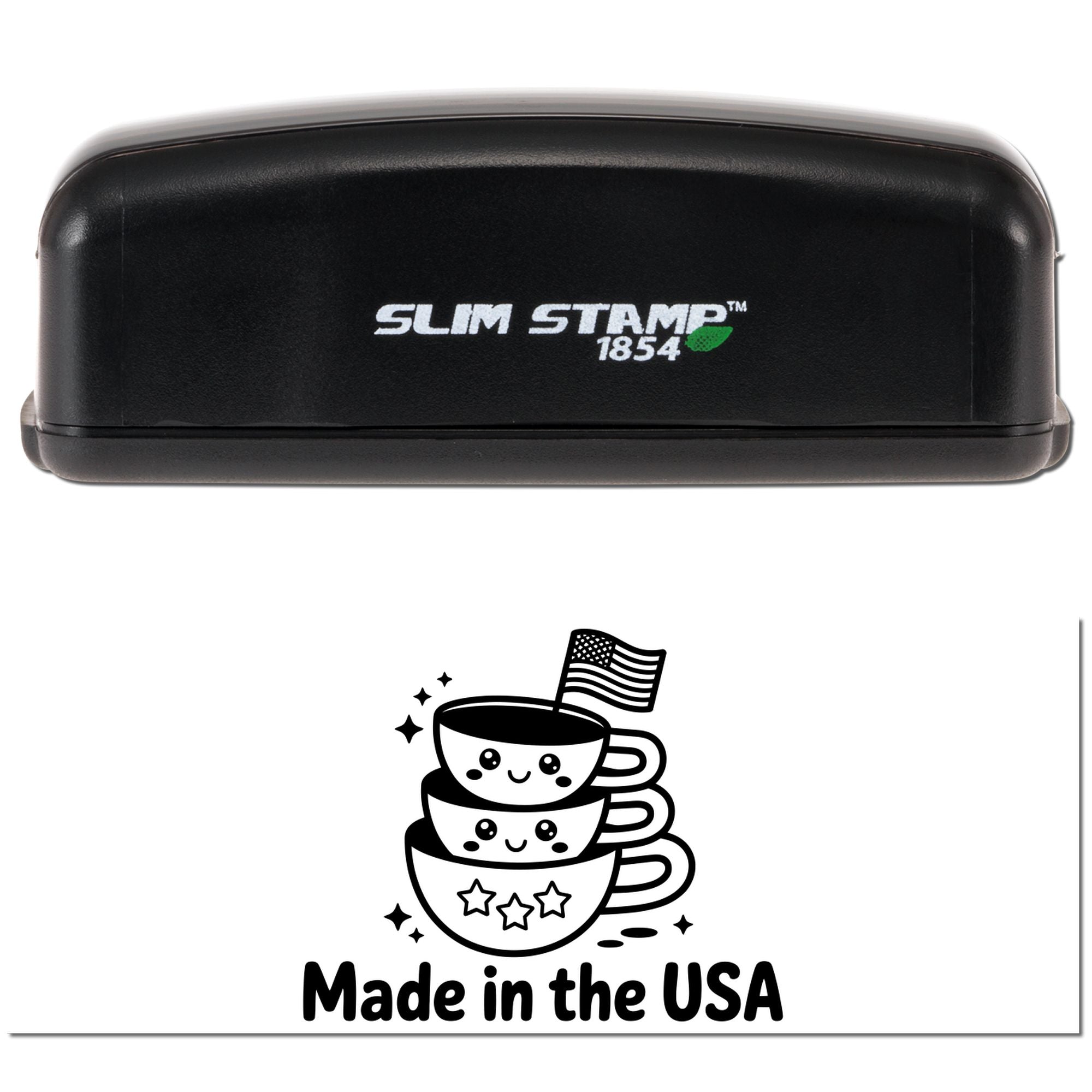 Black Slim Stamp 1854 self-inking stamp with white logo, showing a Made in the USA seal of stacked cups and an American flag.