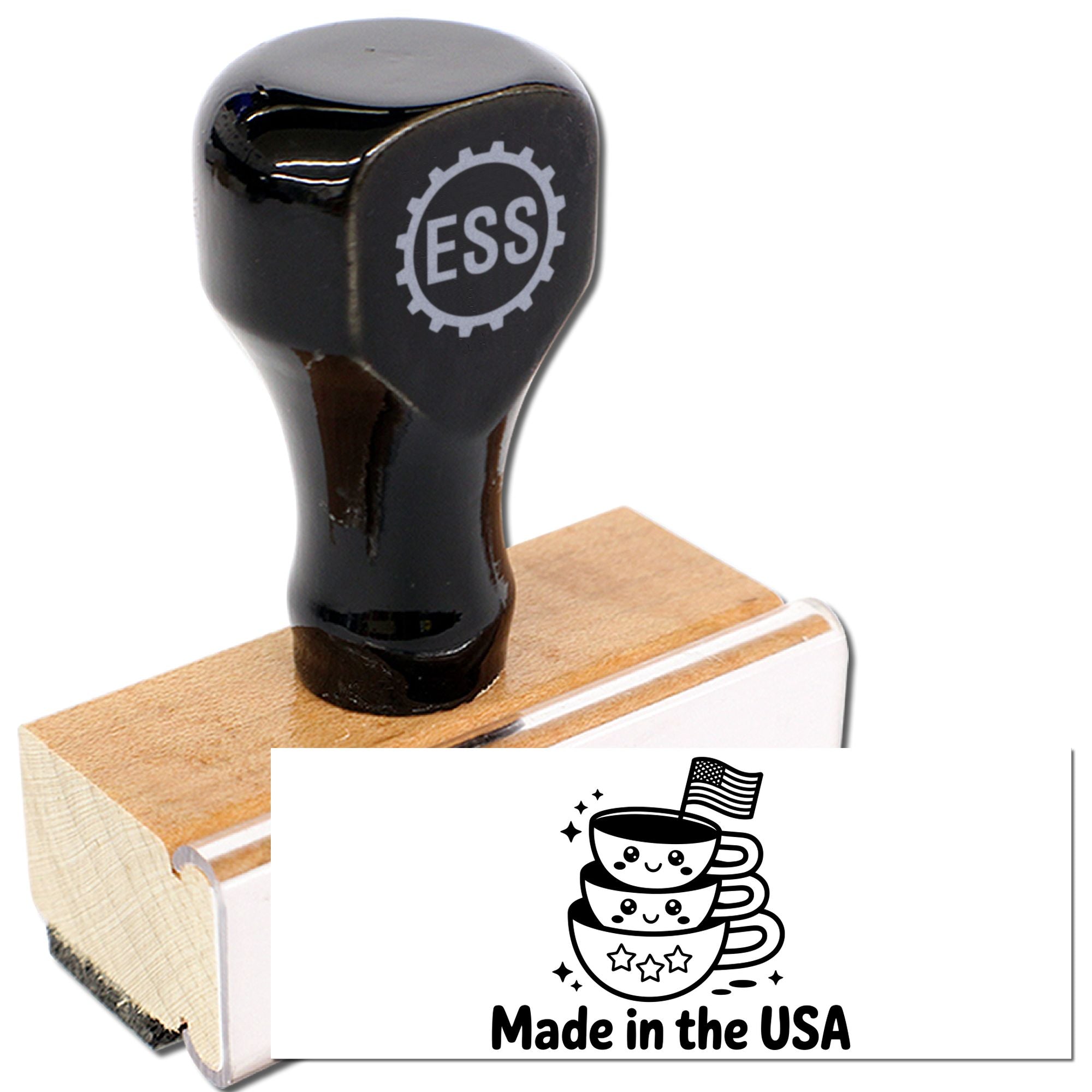 Black ESS rubber stamp and seal with wooden base, featuring a Made in the USA design.