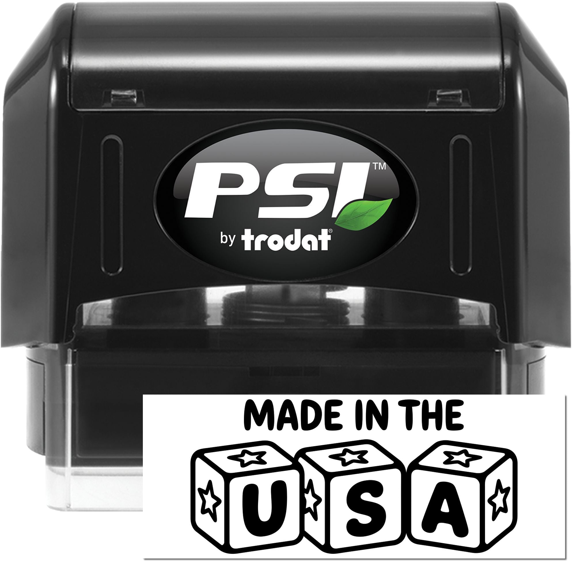 Black PSI by Trodat self-inking stamp with green leaf logo and Made in the USA seal graphic.