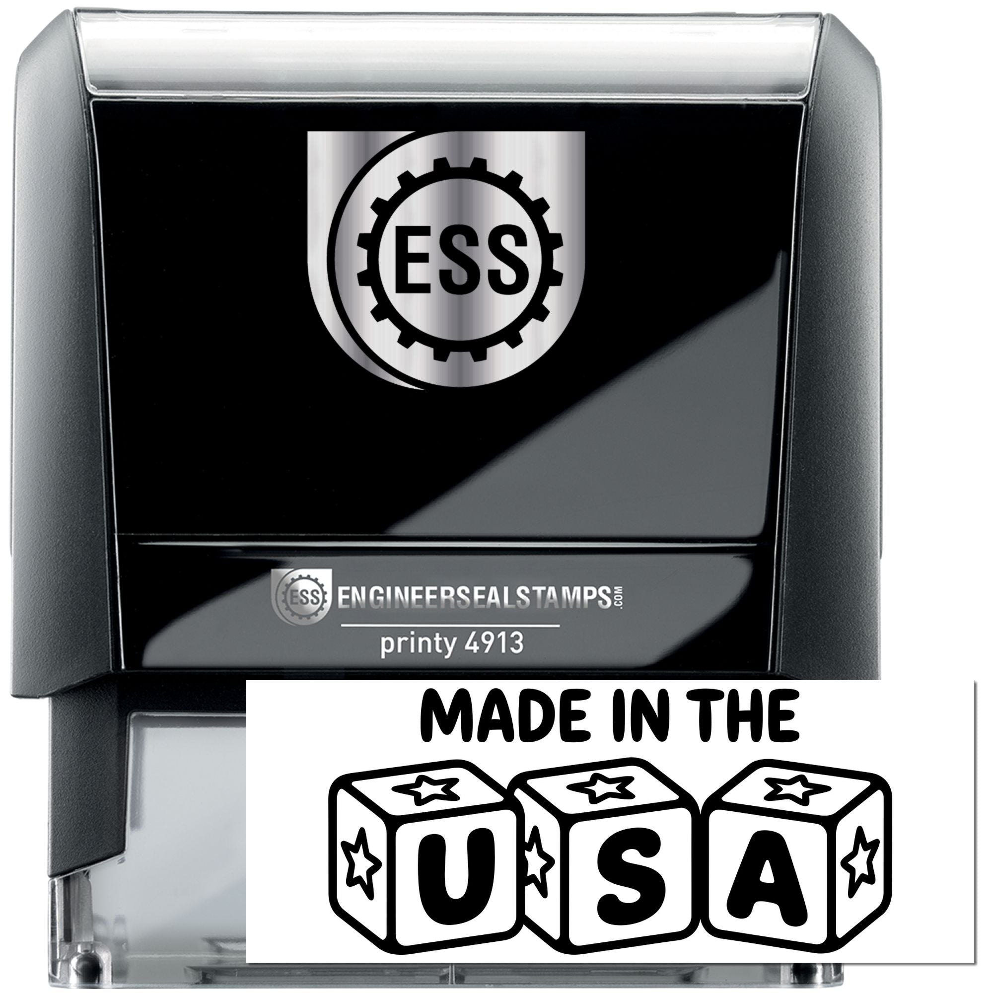 Black and silver ESS self-inking engineer seal stamp, Printy 4913, with Made in the USA label