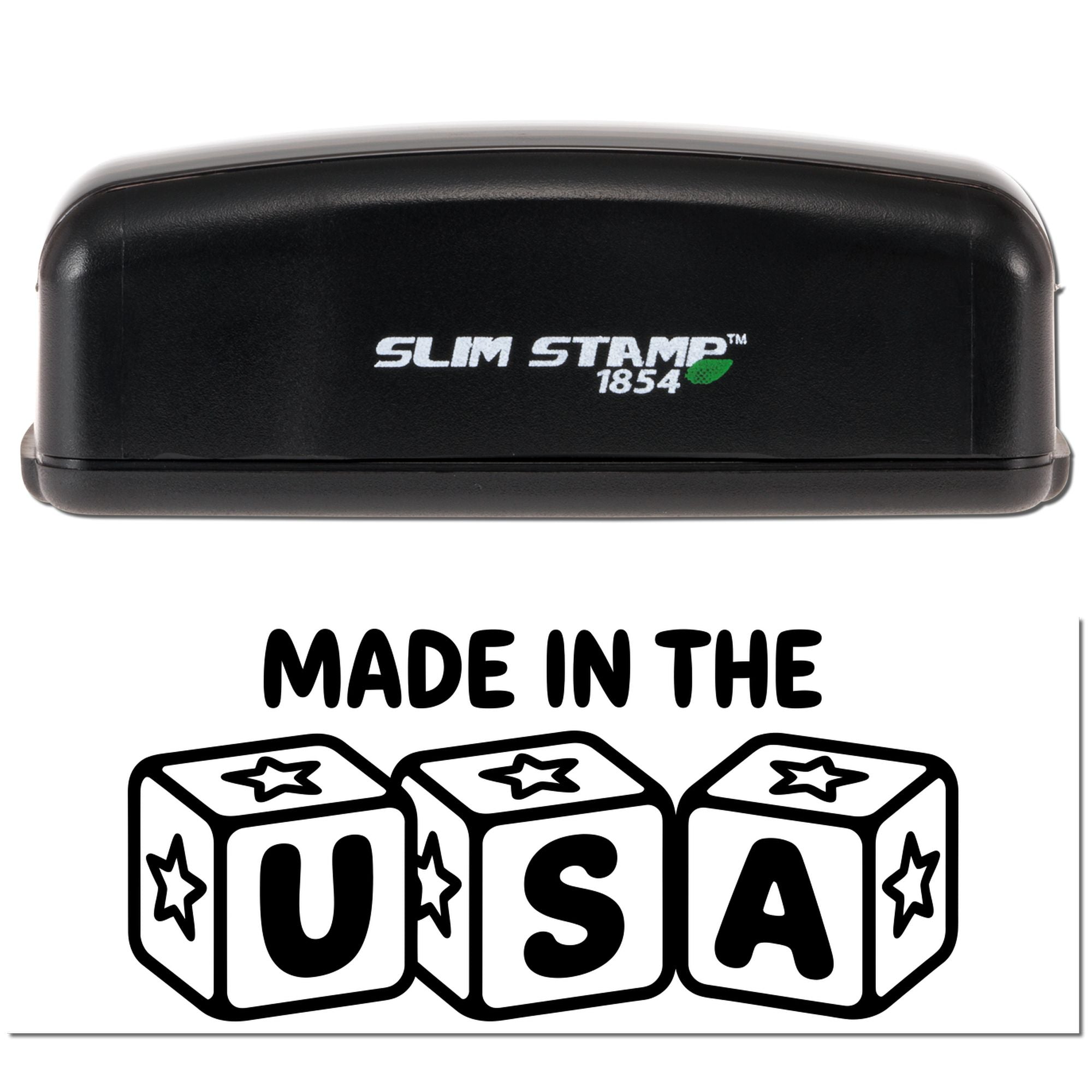 Black Slim Stamp 1854 self-inking stamp with bold Made in the USA seal graphic in black and white.