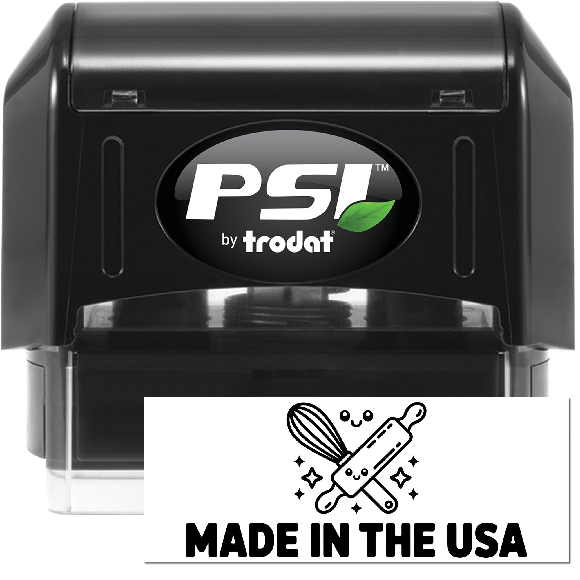 Black PSI by Trodat self-inking stamp in black with clear casing and a Made in the USA seal badge.