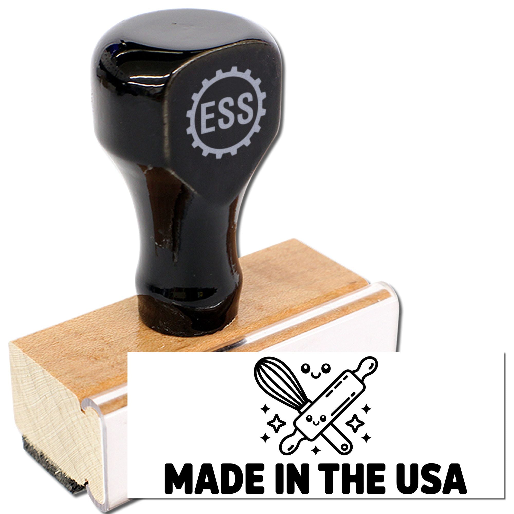 Black ESS rubber stamp with wooden block and Made in the USA seal graphic.