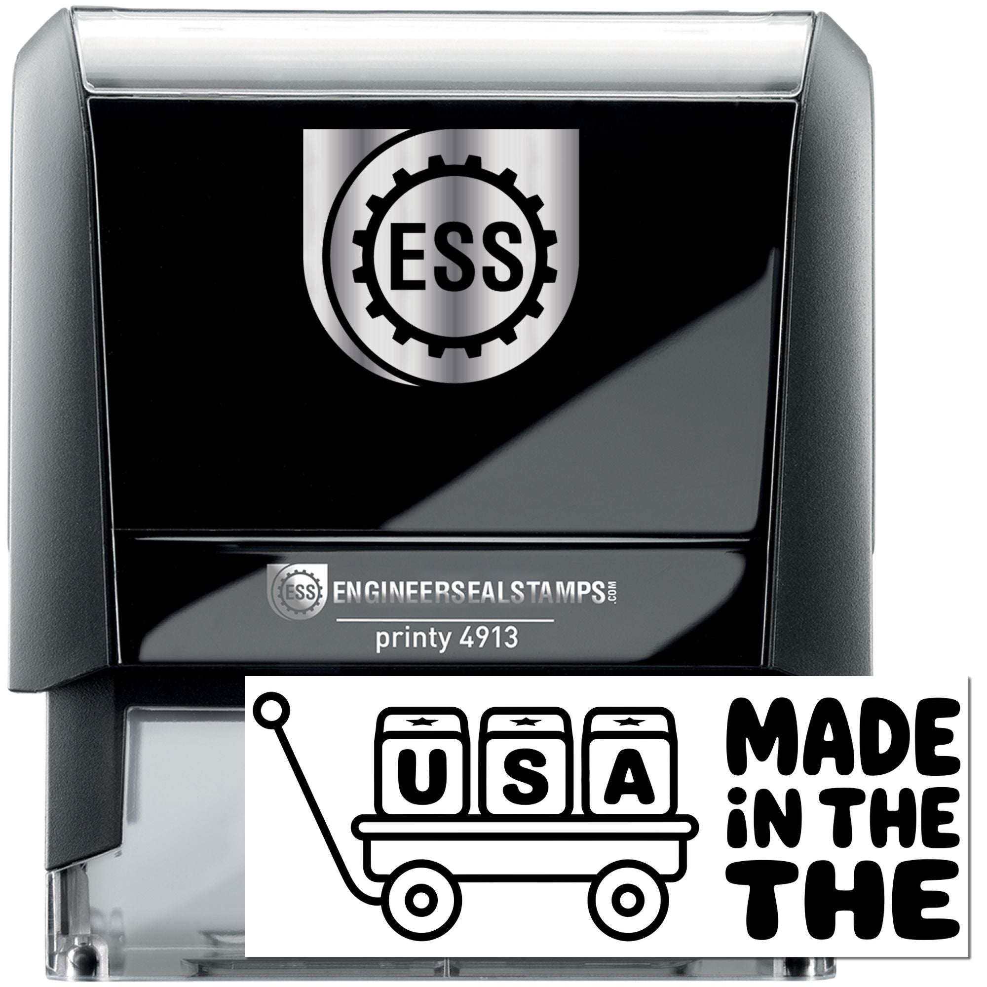 Black and silver ESS self-inking stamp and seal with custom logo, printy 4913, and Made in the USA graphic