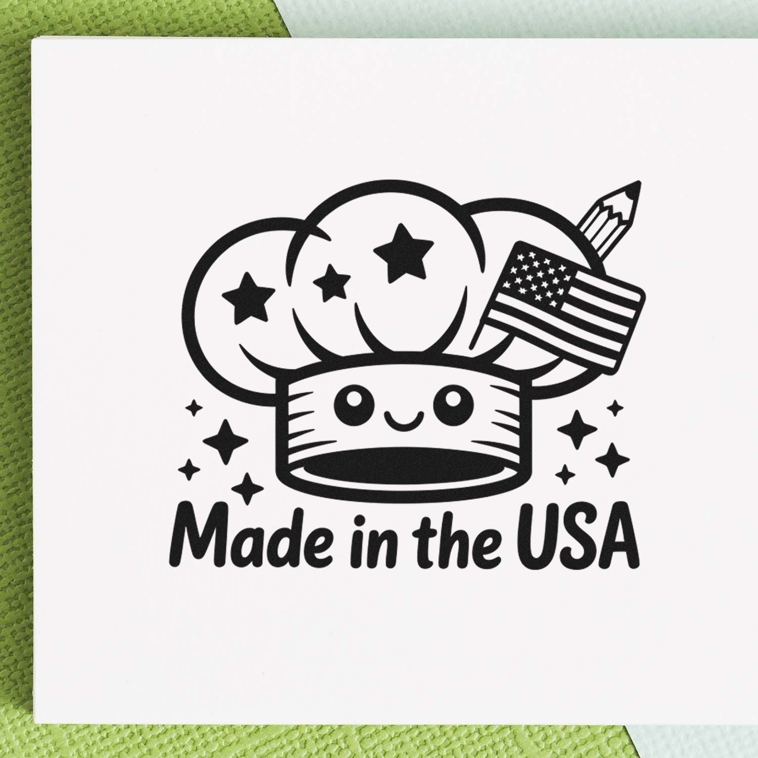 Black Made in the USA stamp seal with a smiling seal, stars, U.S. flag, and pencil on white background.