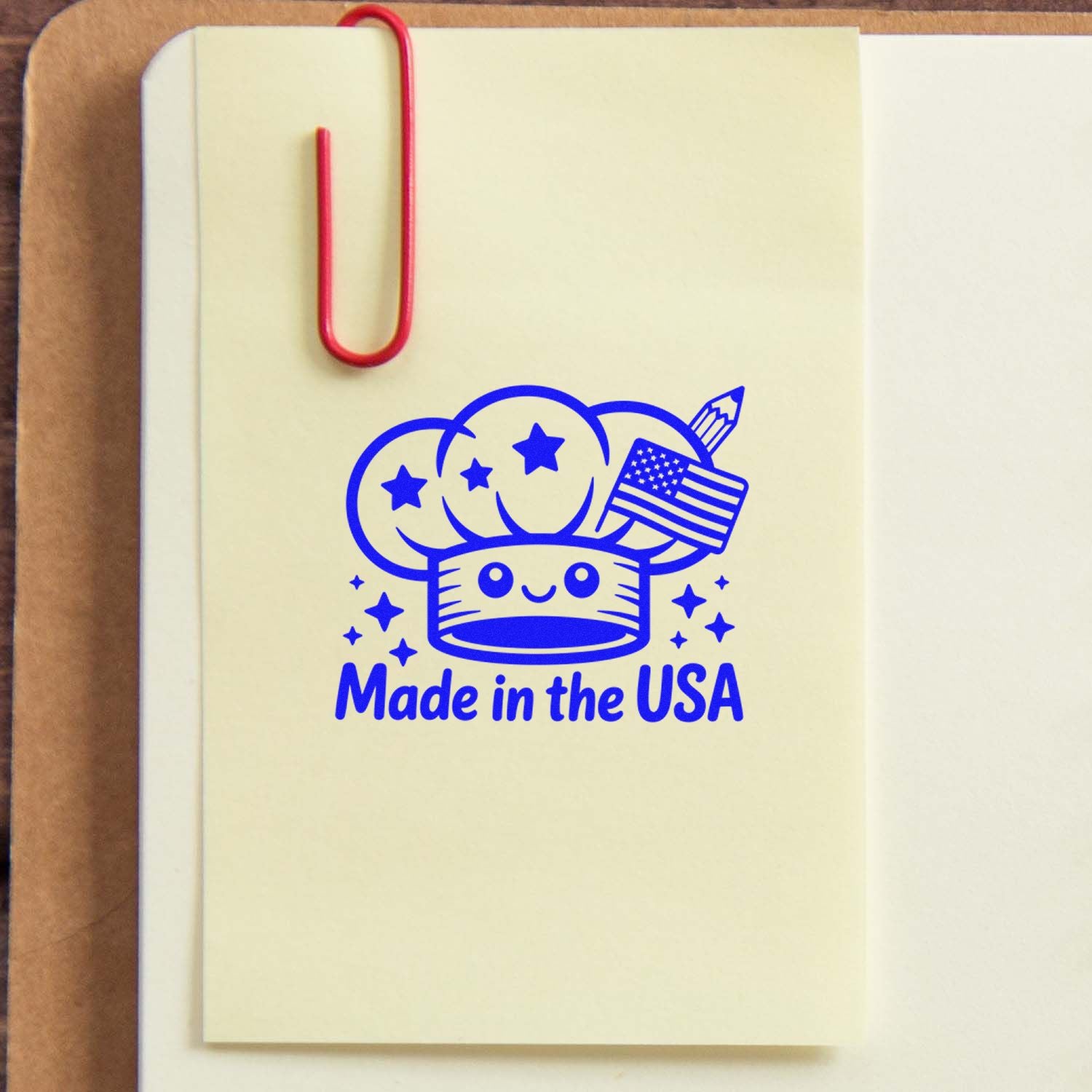 Cream notepad with blue Made in the USA rubber stamp seal, stars, flag, and red paperclip.