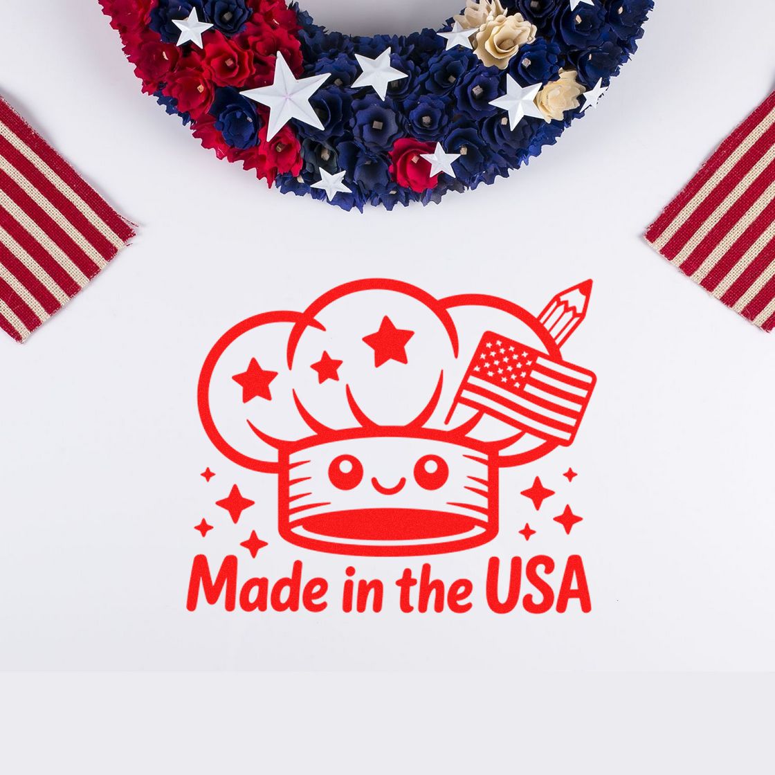 Red Made in the USA stamp seal with a smiling can, stars, American flag, and patriotic red, white, and blue accents.