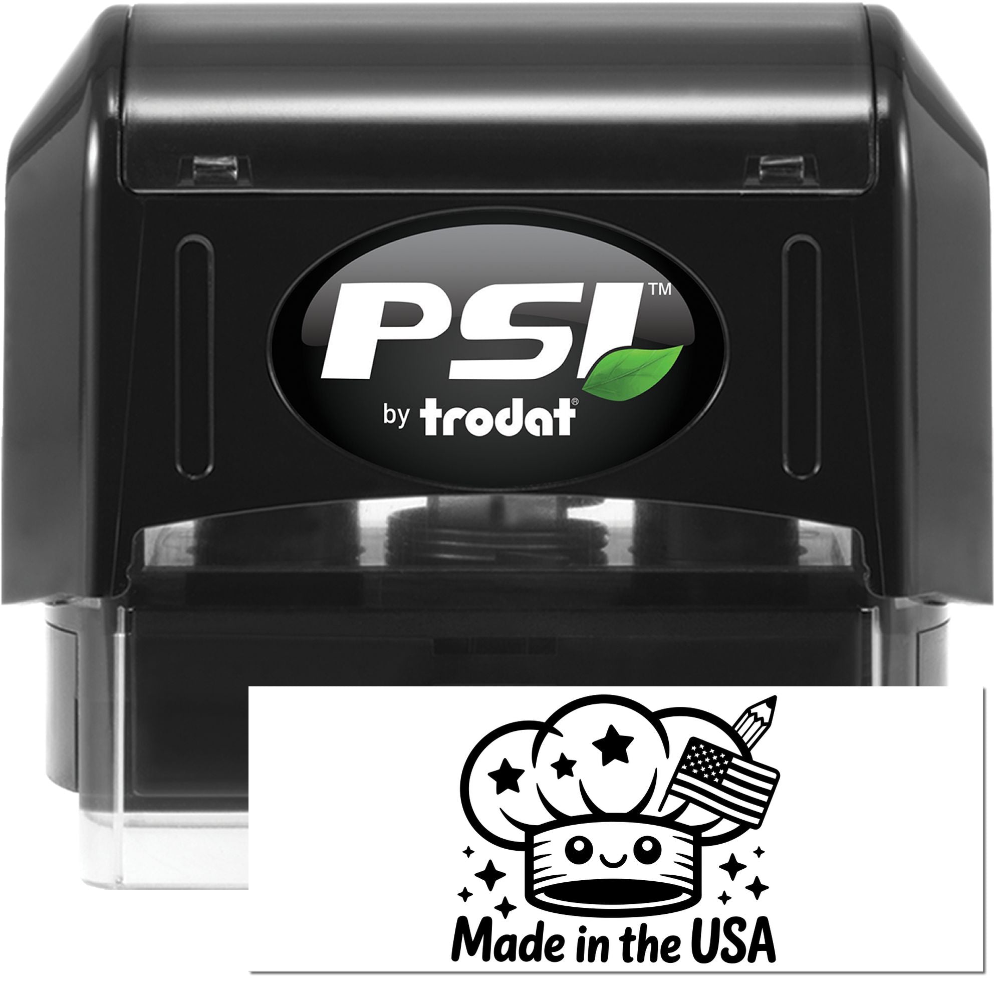 Black PSI by Trodat self-inking stamp with clear base and Made in the USA seal graphic