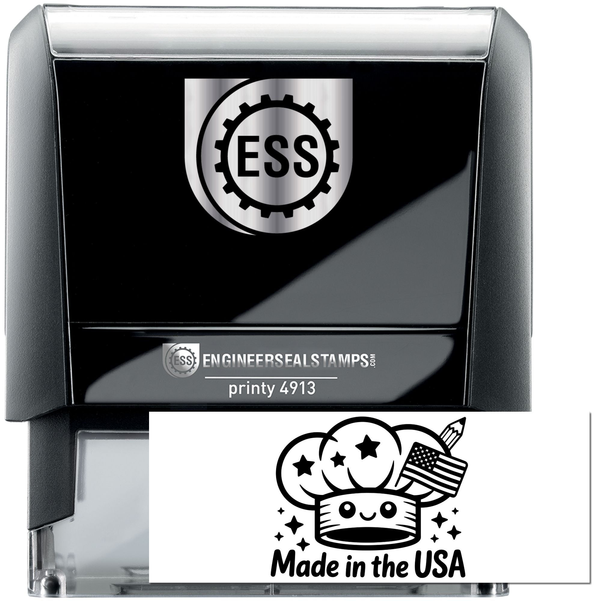 Black and silver self-inking engineer seal stamp with ESS gear logo and Made in USA seal graphic