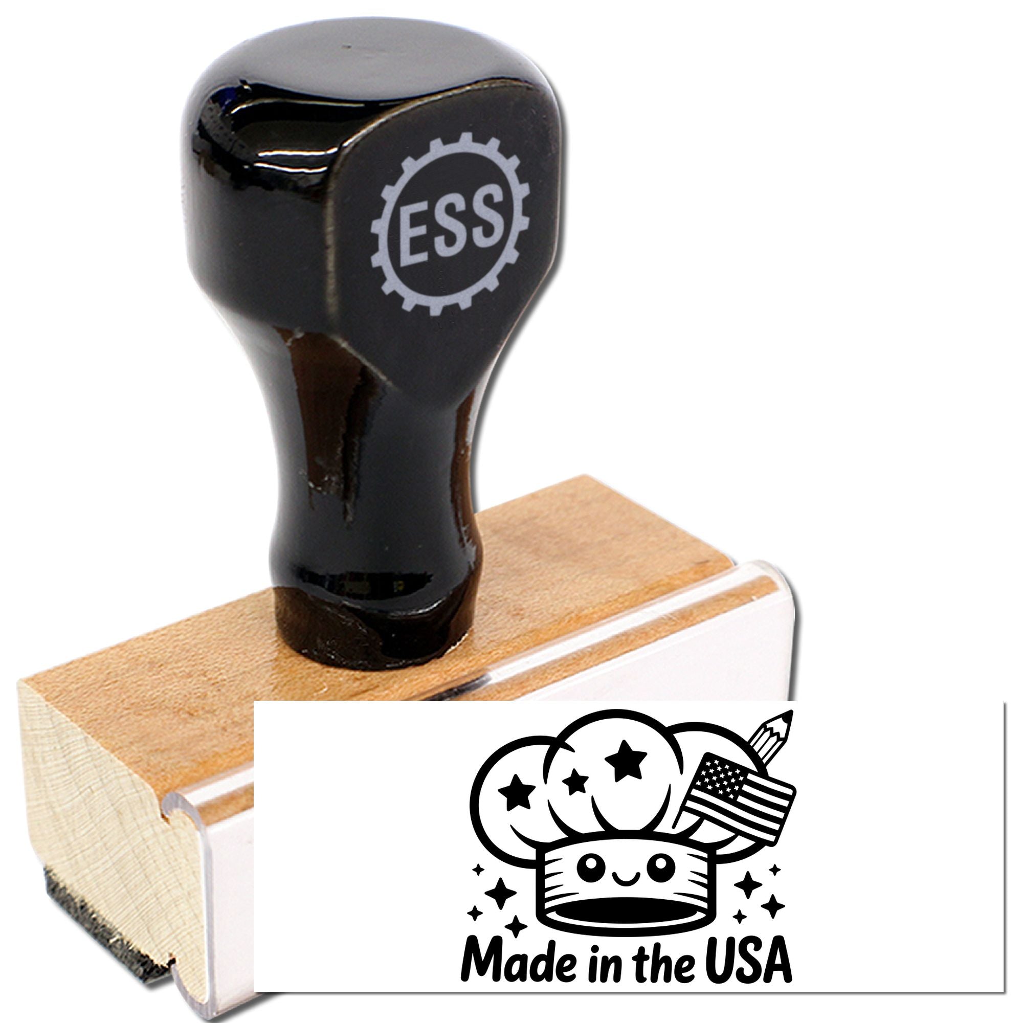 Black rubber stamp on wooden block, featuring a Made in the USA seal with chef logo