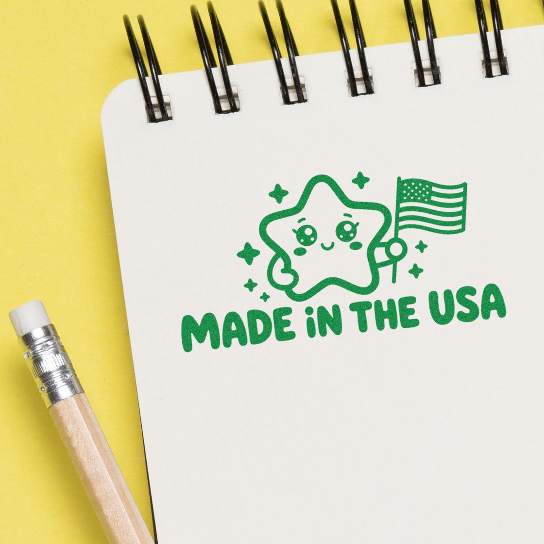Green Made in the USA stamp seal with smiling star and U.S. flag on a white notebook, set against a yellow background with a pencil.