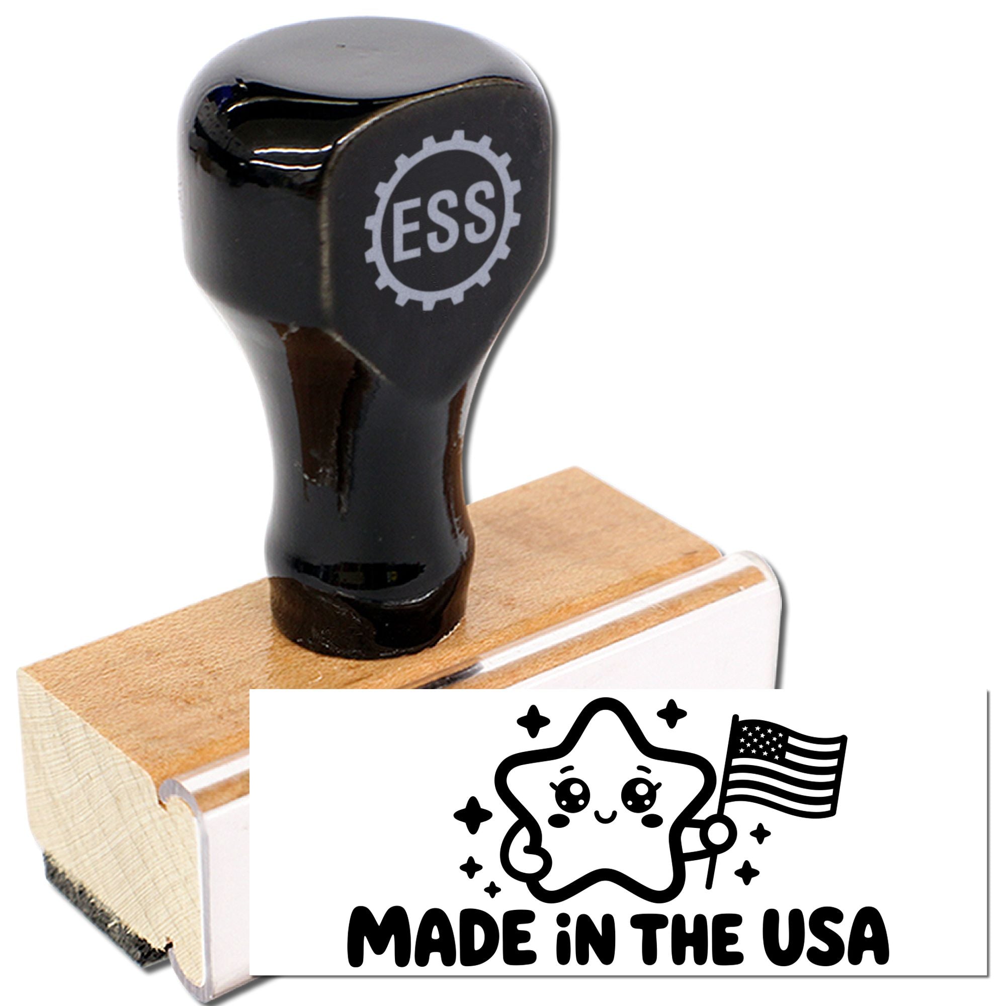 Black ESS self-inking stamp on wooden base with clear acrylic edge, shown beside Made in the USA seal graphic.
