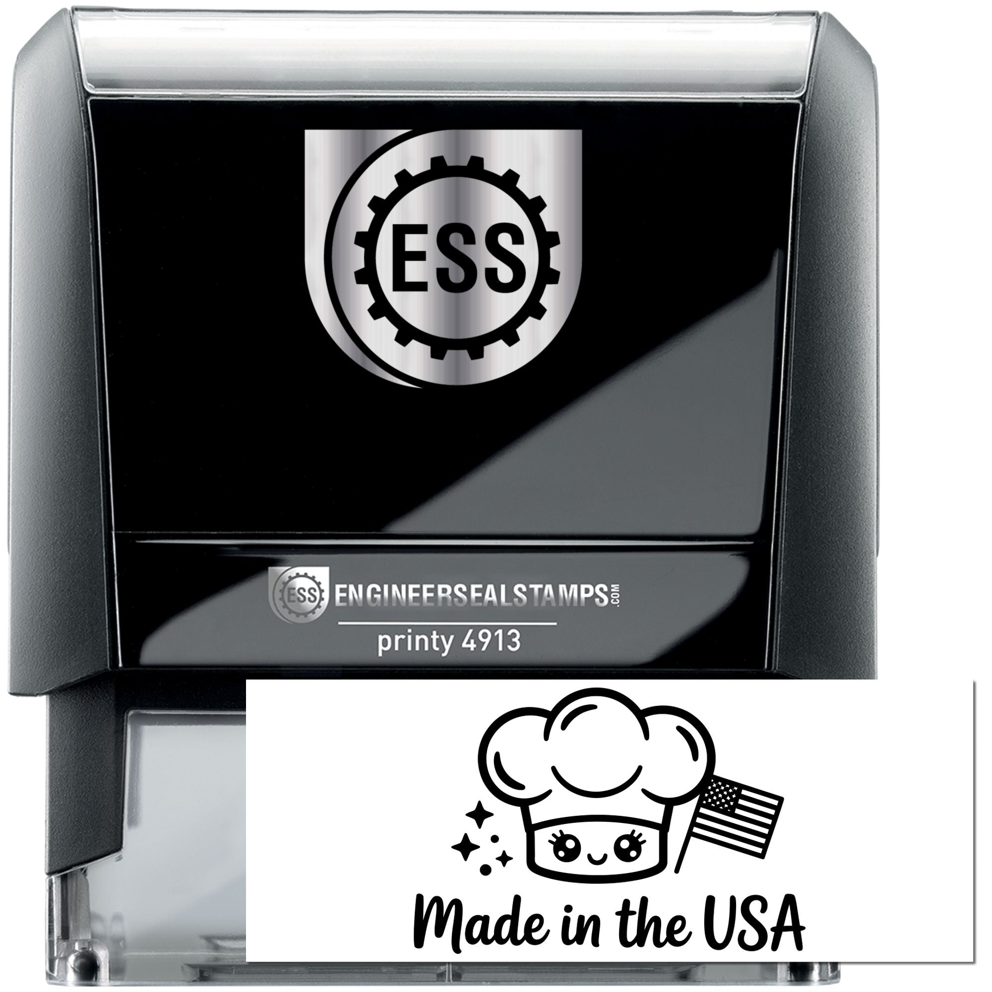 Black self-inking engineer seal stamp with ESS logo, silver accents, and Made in the USA seal.