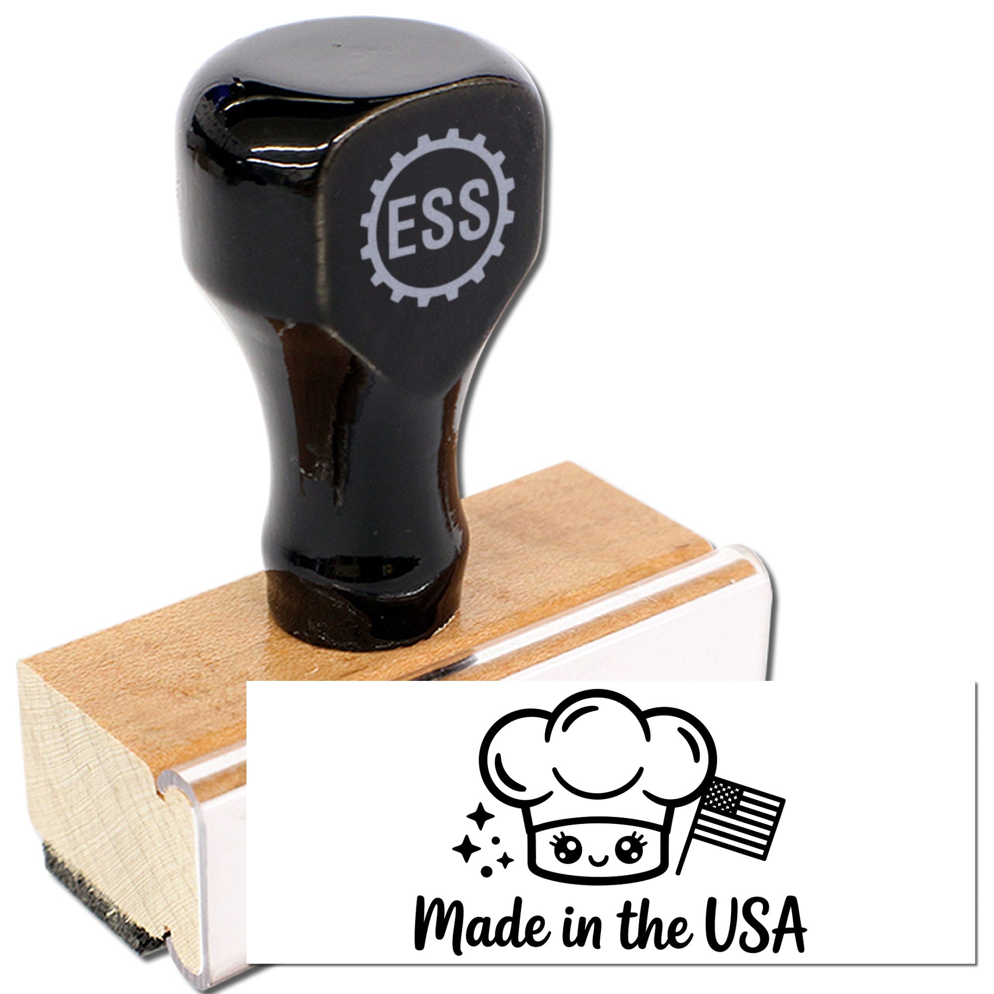 Black ESS rubber stamp on wooden handle with white Made in the USA seal design
