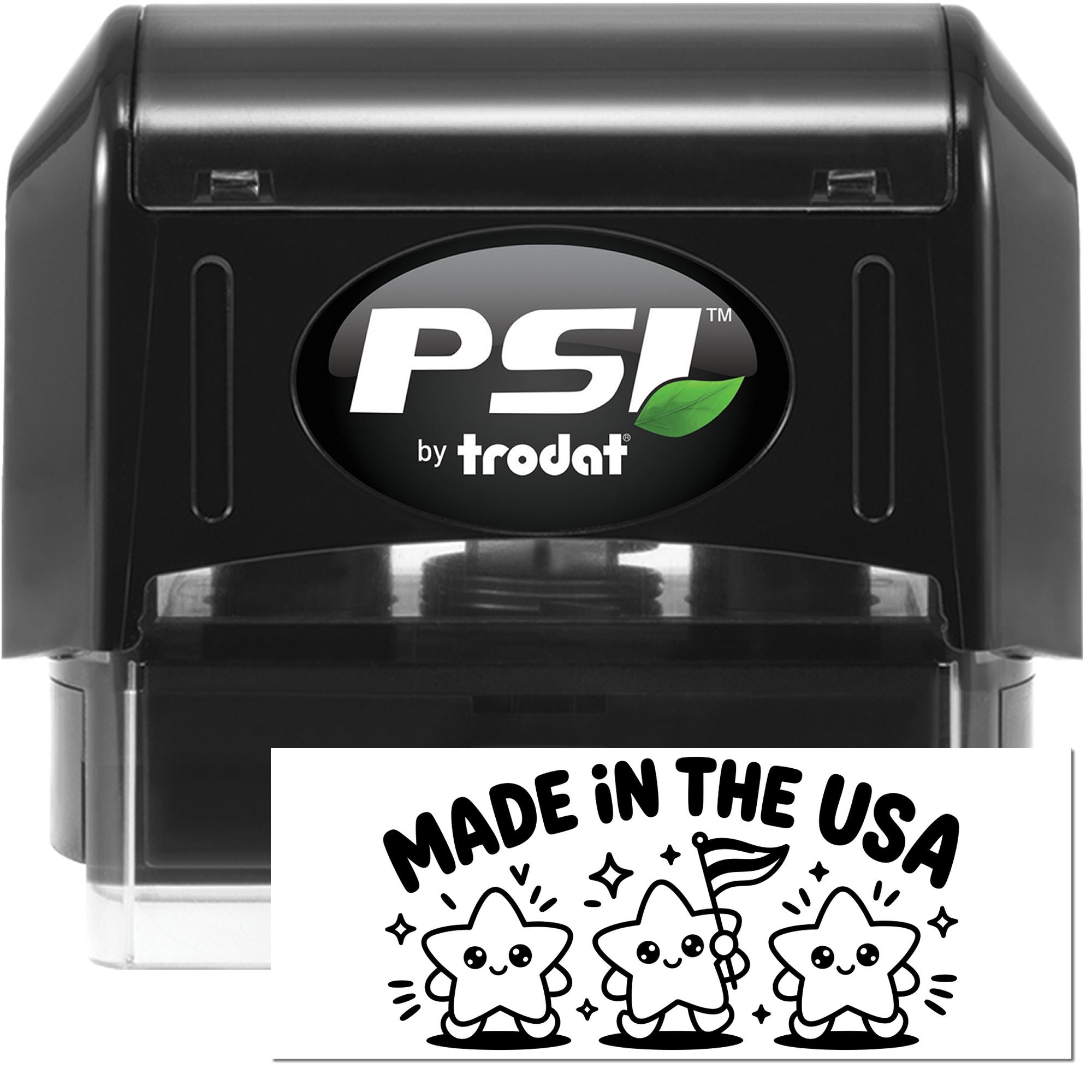 Black PSI by Trodat self-inking stamp with green leaf logo and a white Made in the USA seal featuring cute stars.