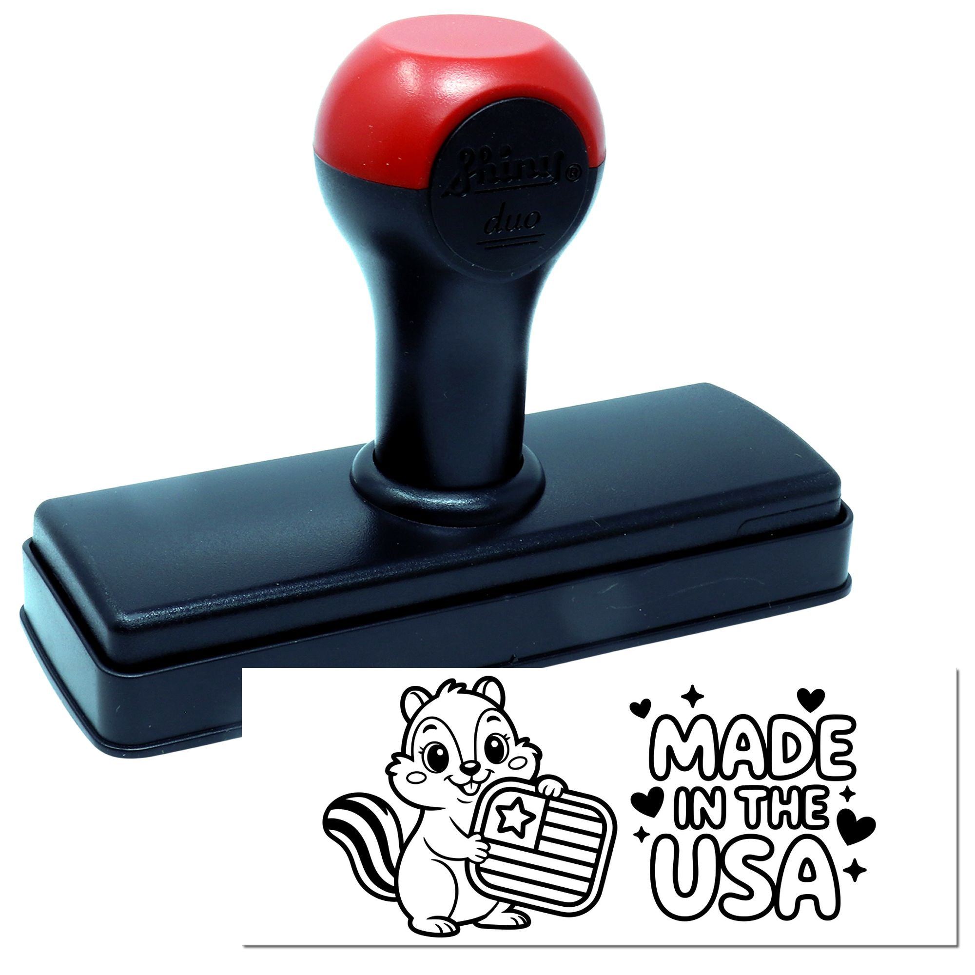 Red and black self-inking stamp with Made in the USA seal, featuring a squirrel holding a striped badge.
