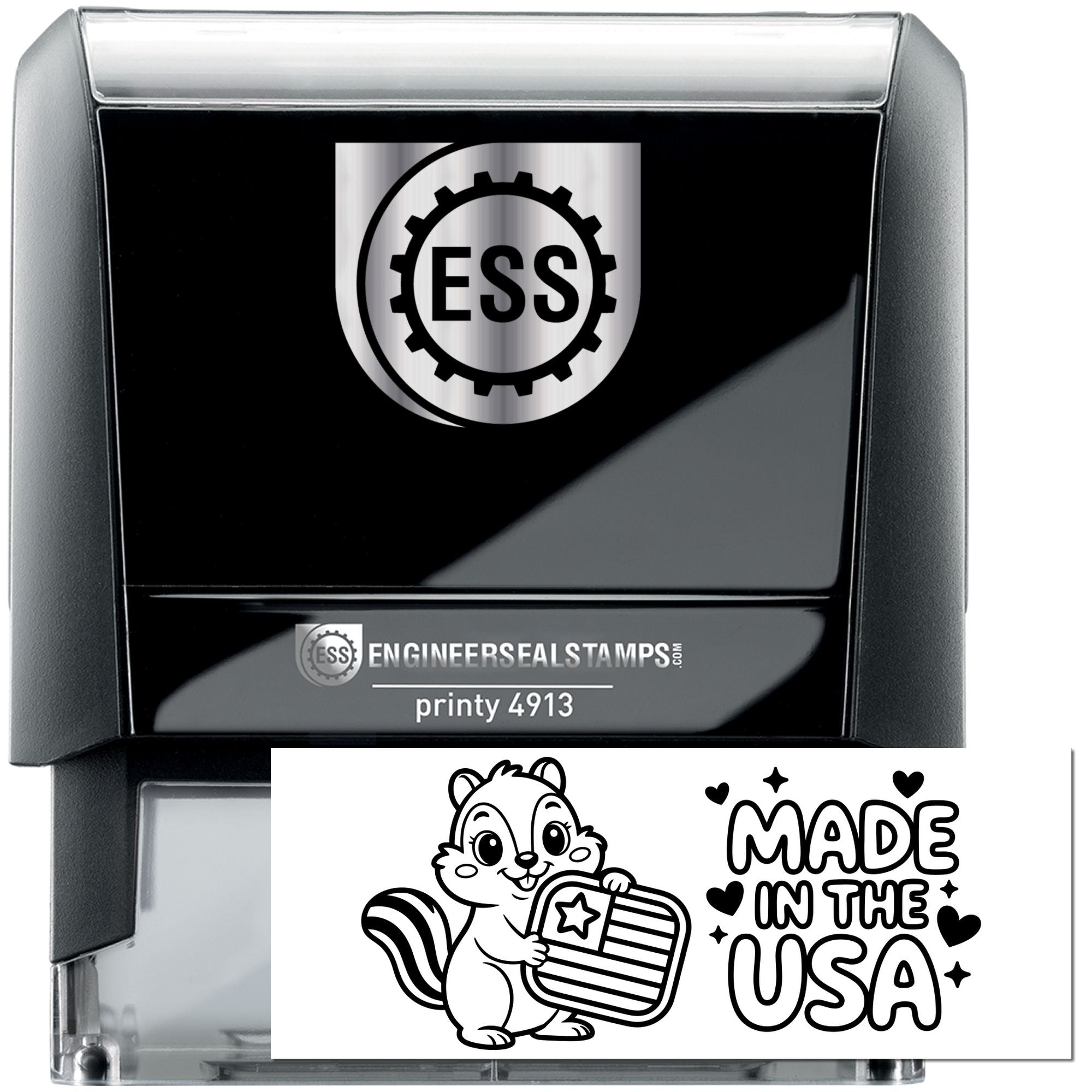 Black self-inking stamp and seal set with silver ESS logo, gray housing, and white Made in the USA design.