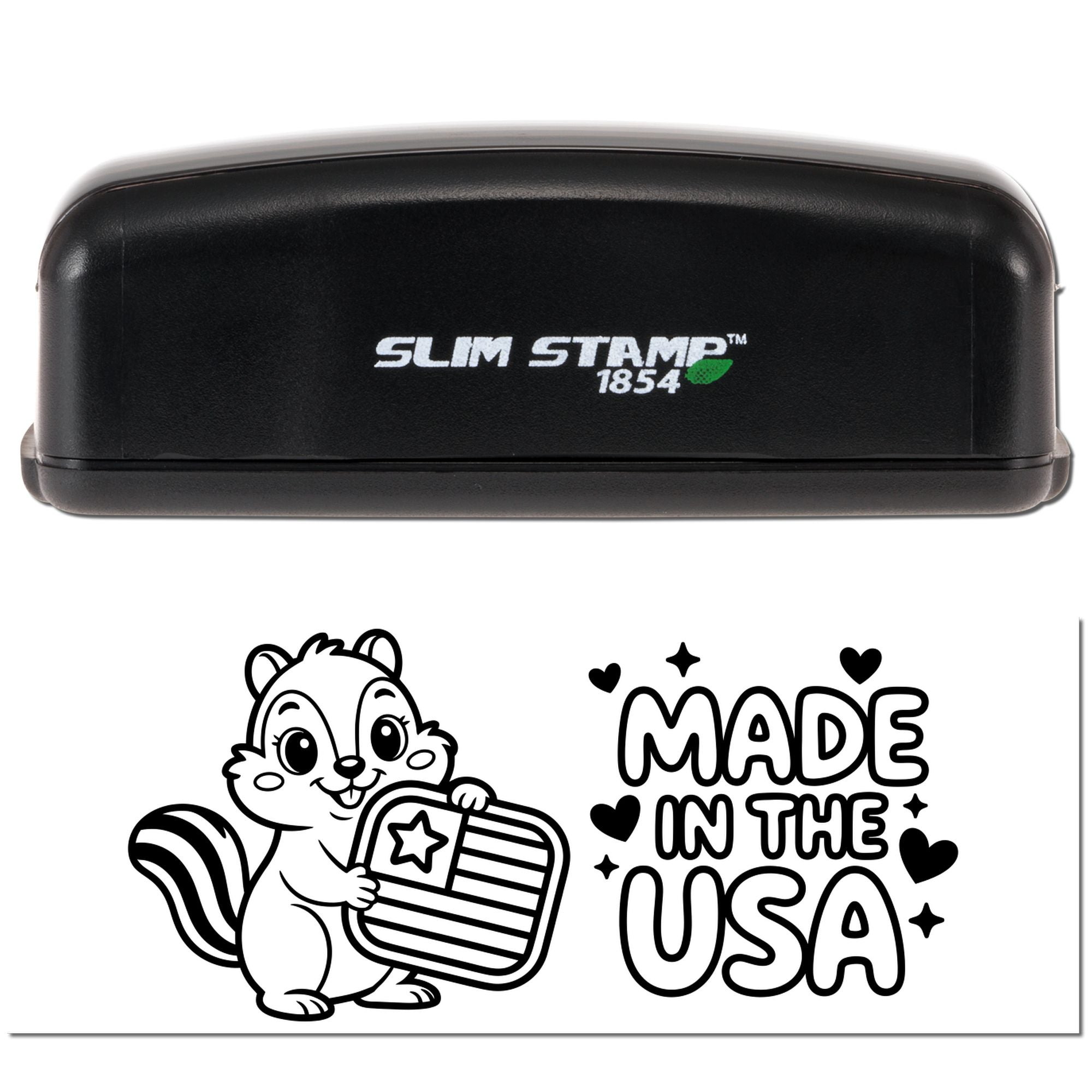Black Slim Stamp 1854 self-inking stamp with white logo and black-and-white chipmunk USA seal design.