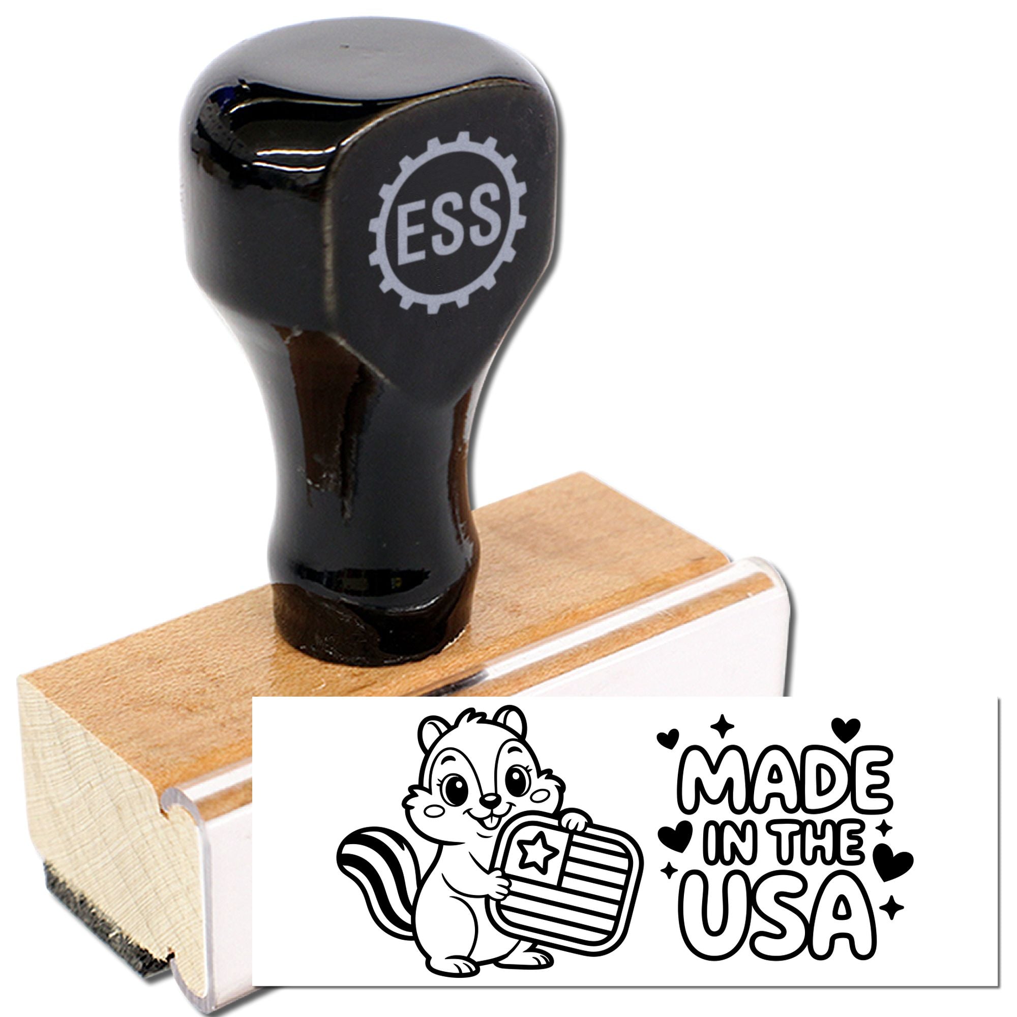 Black ESS rubber stamp seal on wooden mount with Made in the USA design and squirrel graphic
