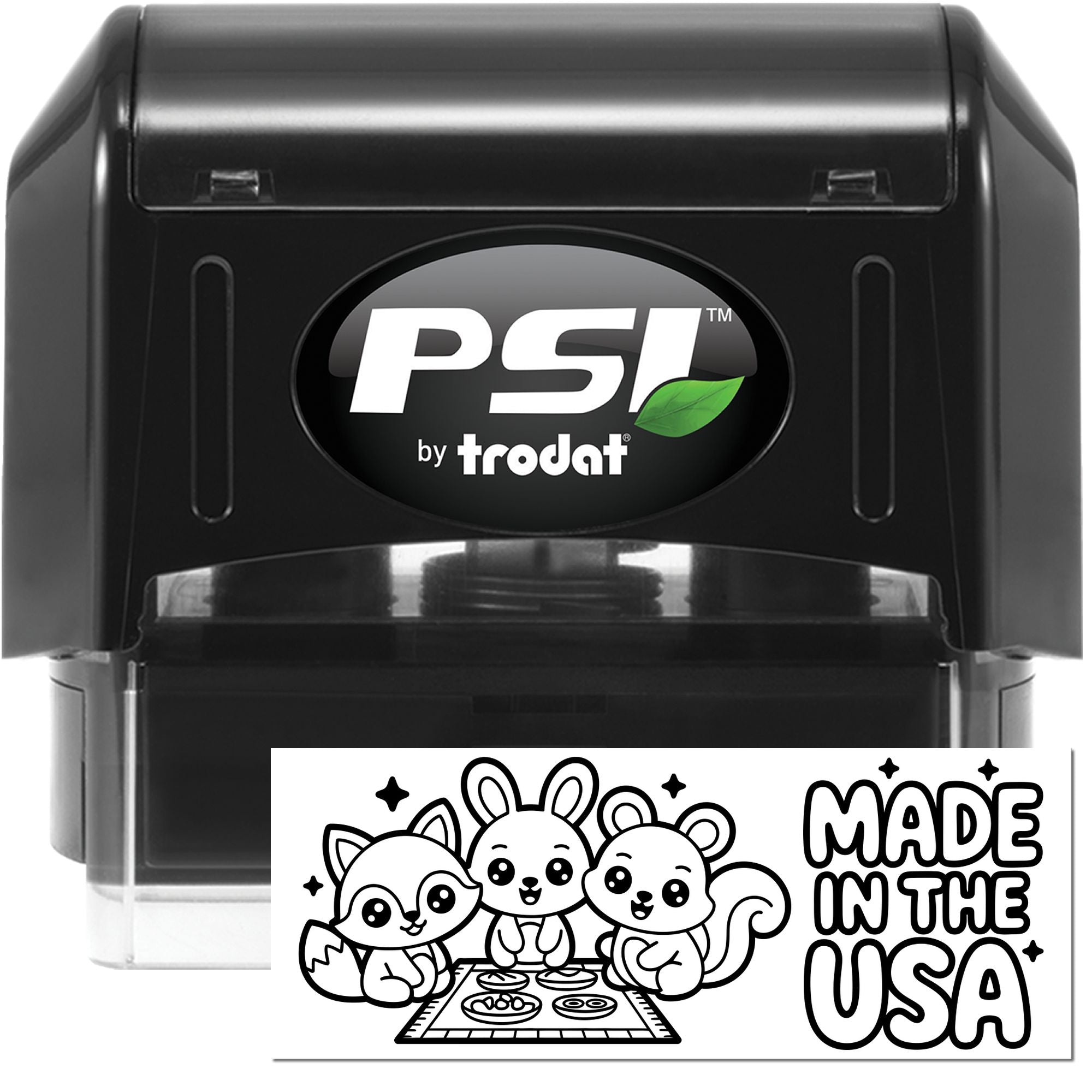 Black PSI by Trodat self-inking stamp and seal with white logo, green leaf, and clear ink pad window.