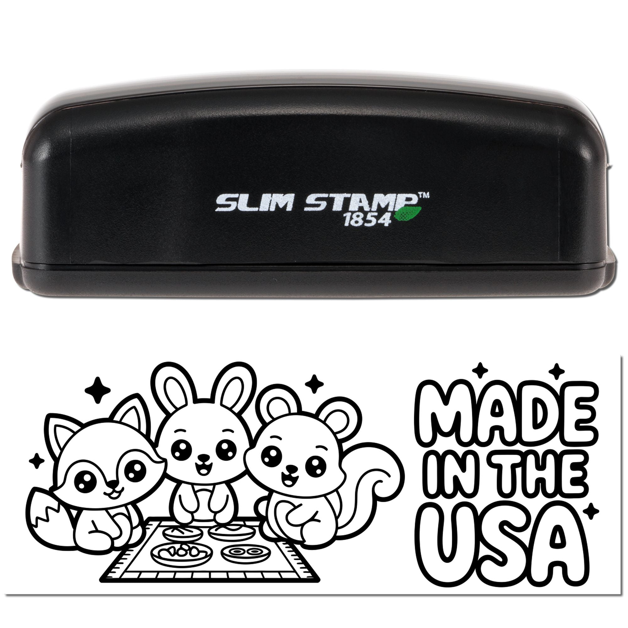 Black Slim Stamp 1854 self-inking stamp and seal product with cute animal coloring design and bold Made in the USA text.