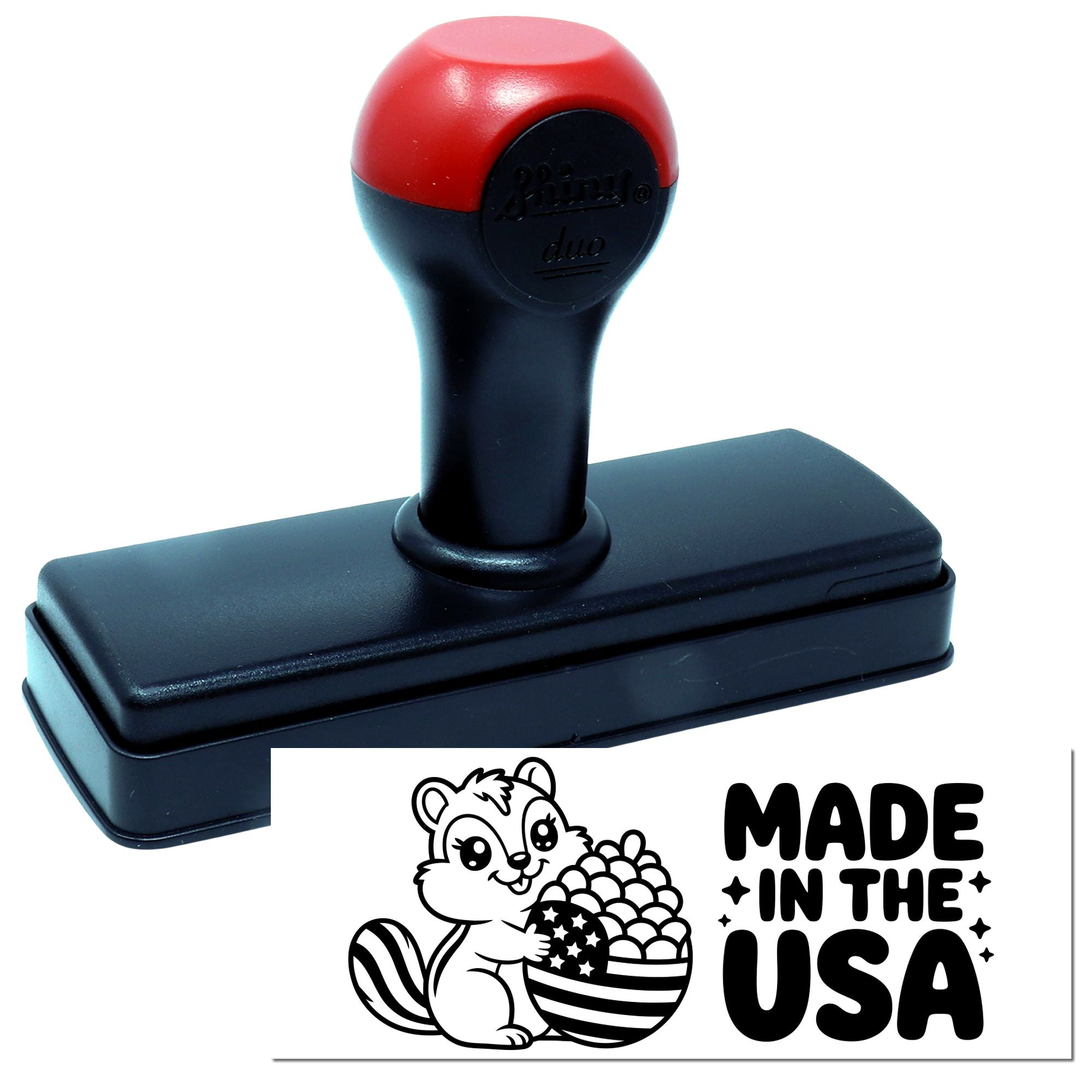 Red and black self-inking stamp and seal with Made in the USA squirrel graphic.