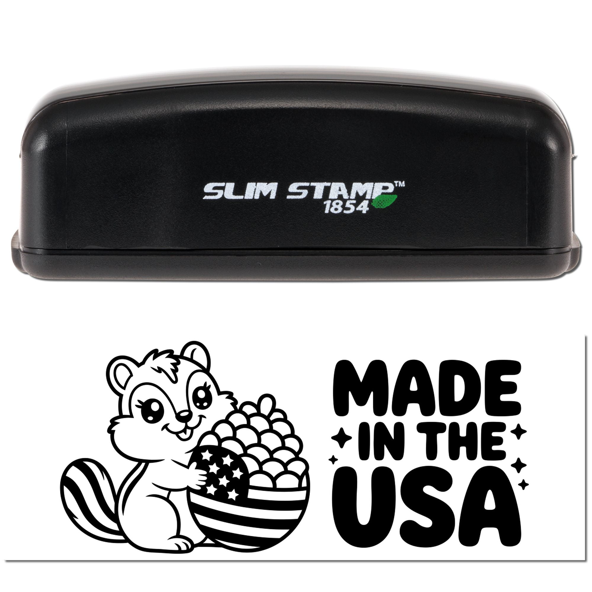 Black Slim Stamp 1854 self-inking stamp and seal with green leaf logo, showing a Made in the USA design.