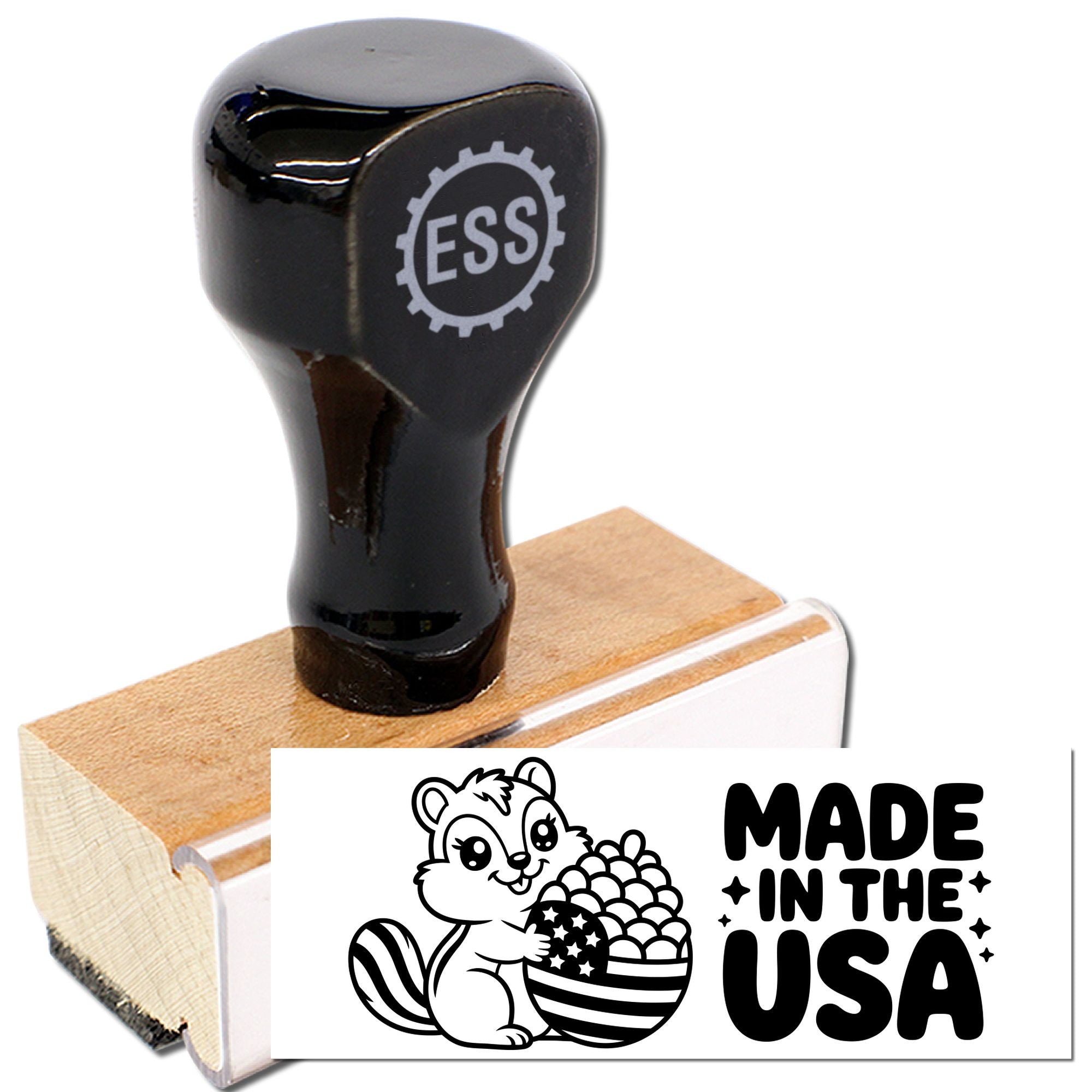 Black ESS stamp and seal on wooden block with Made in the USA squirrel design.