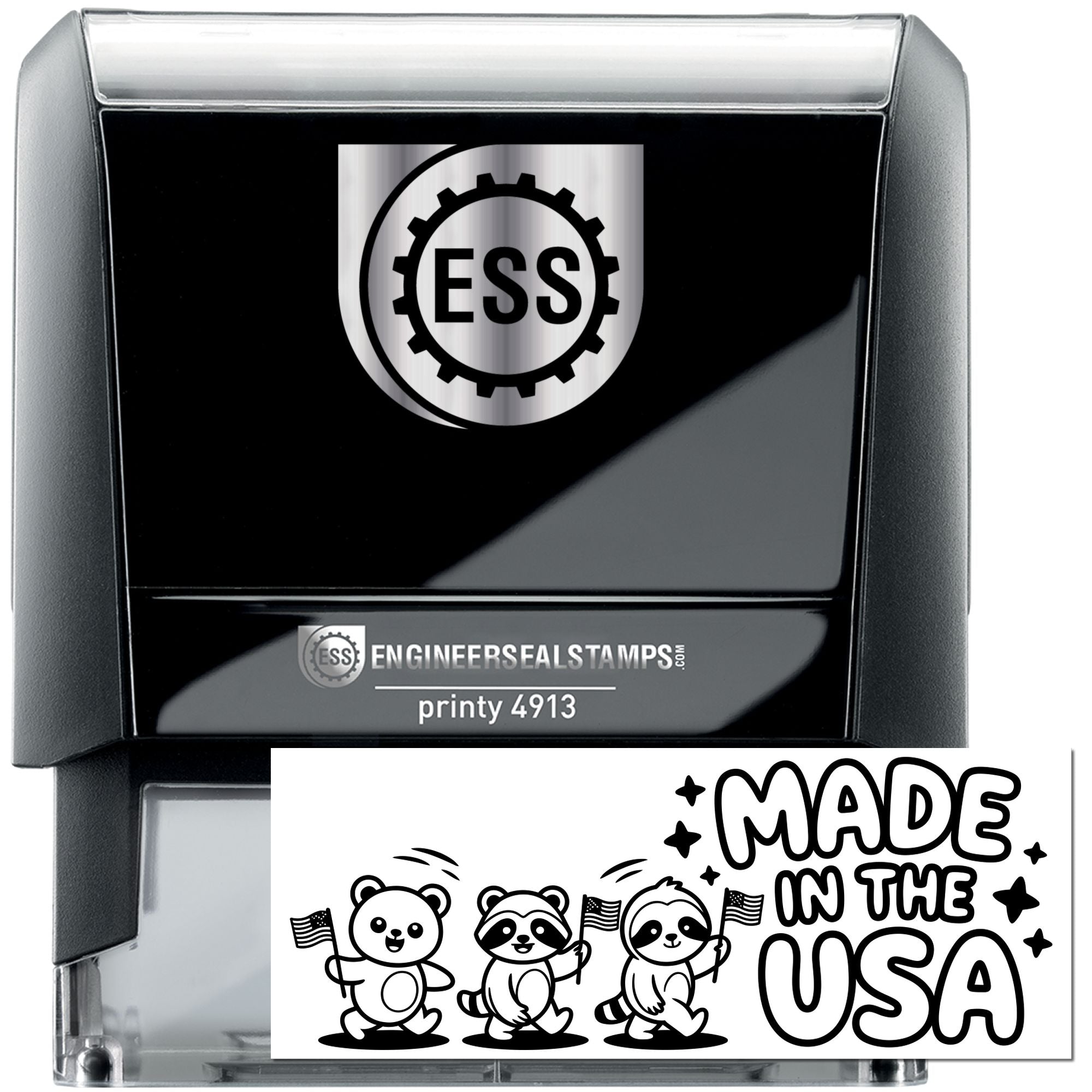 Black self-inking stamp and seal with silver ESS gear logo and made in the USA imprint.
