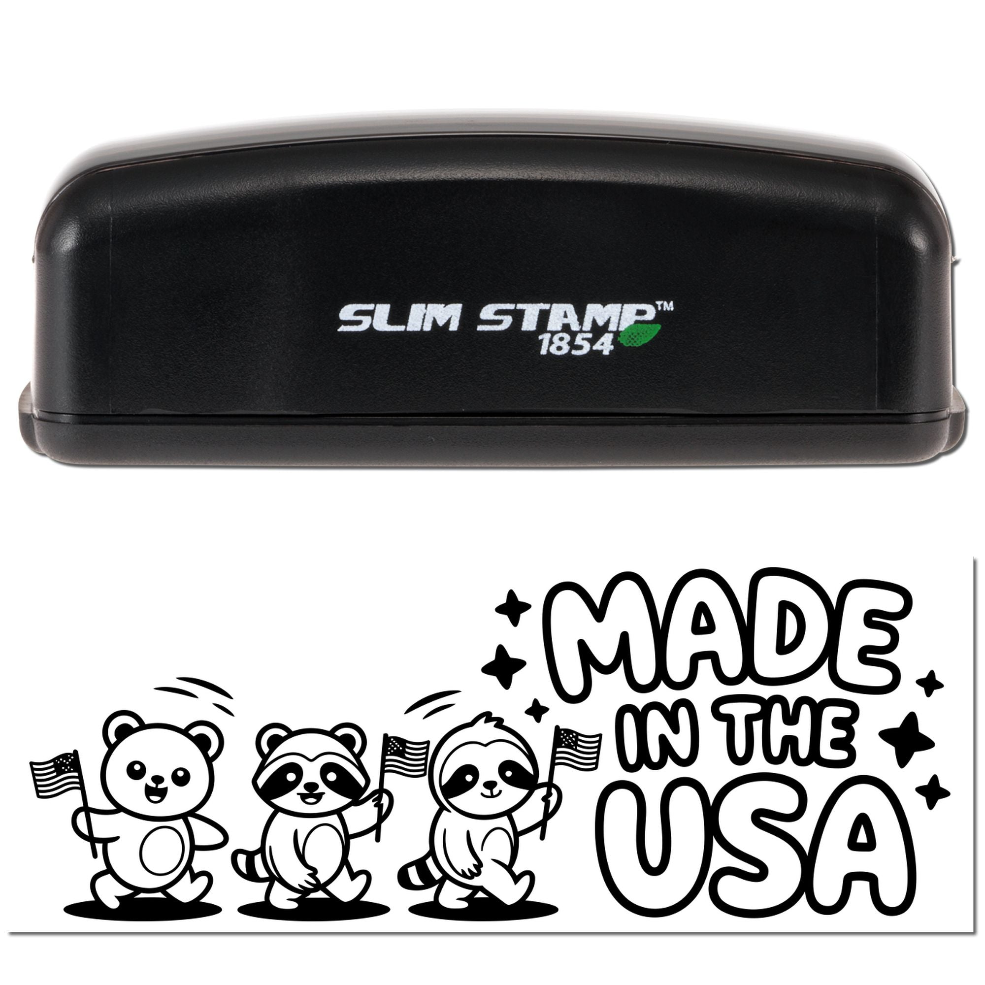 Black Slim Stamp 1854 self-inking stamp and seal with Made in the USA design, pandas, raccoon, and sloth holding flags
