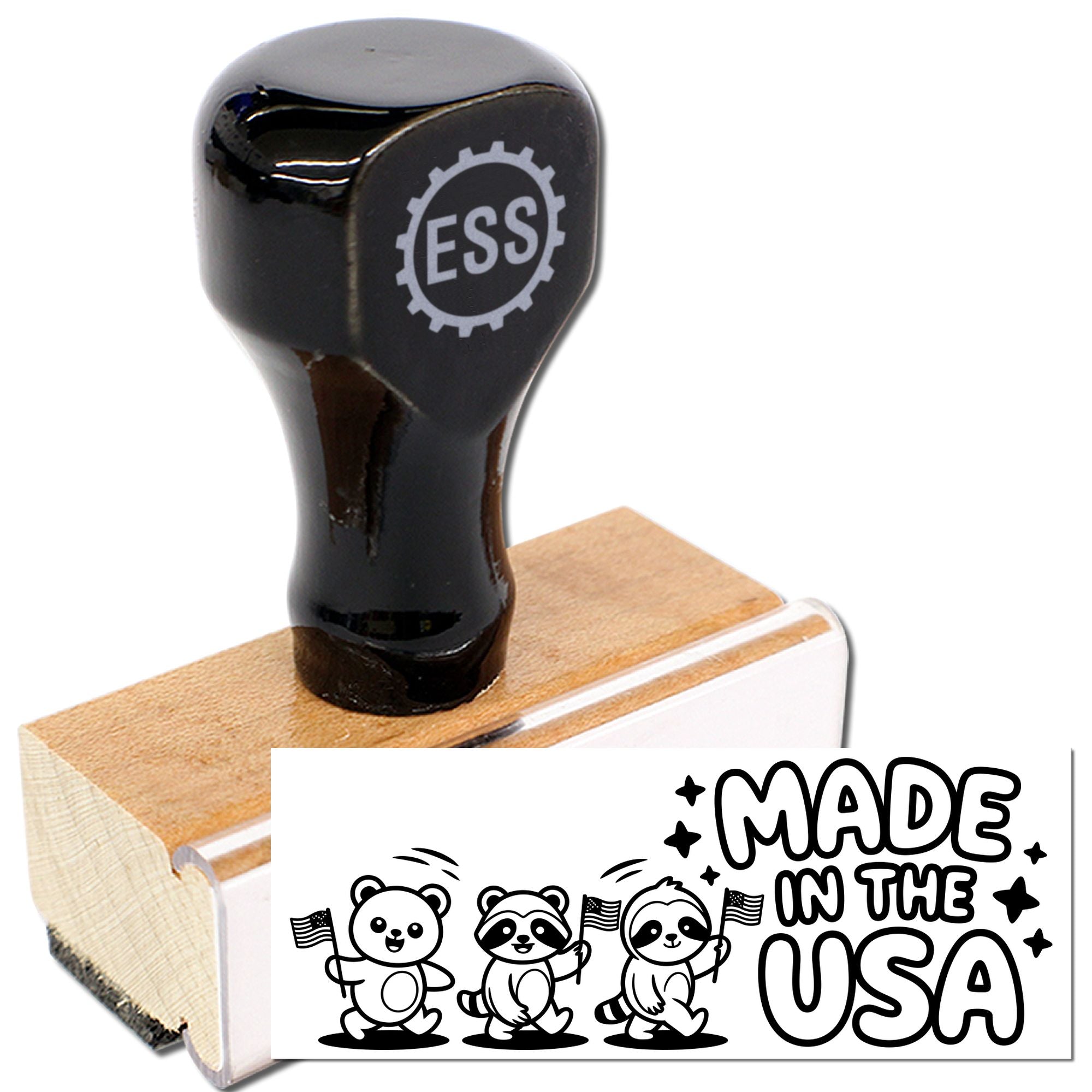 Black ESS wooden rubber stamp and seal on maple base with Made in the USA panda design and flags.