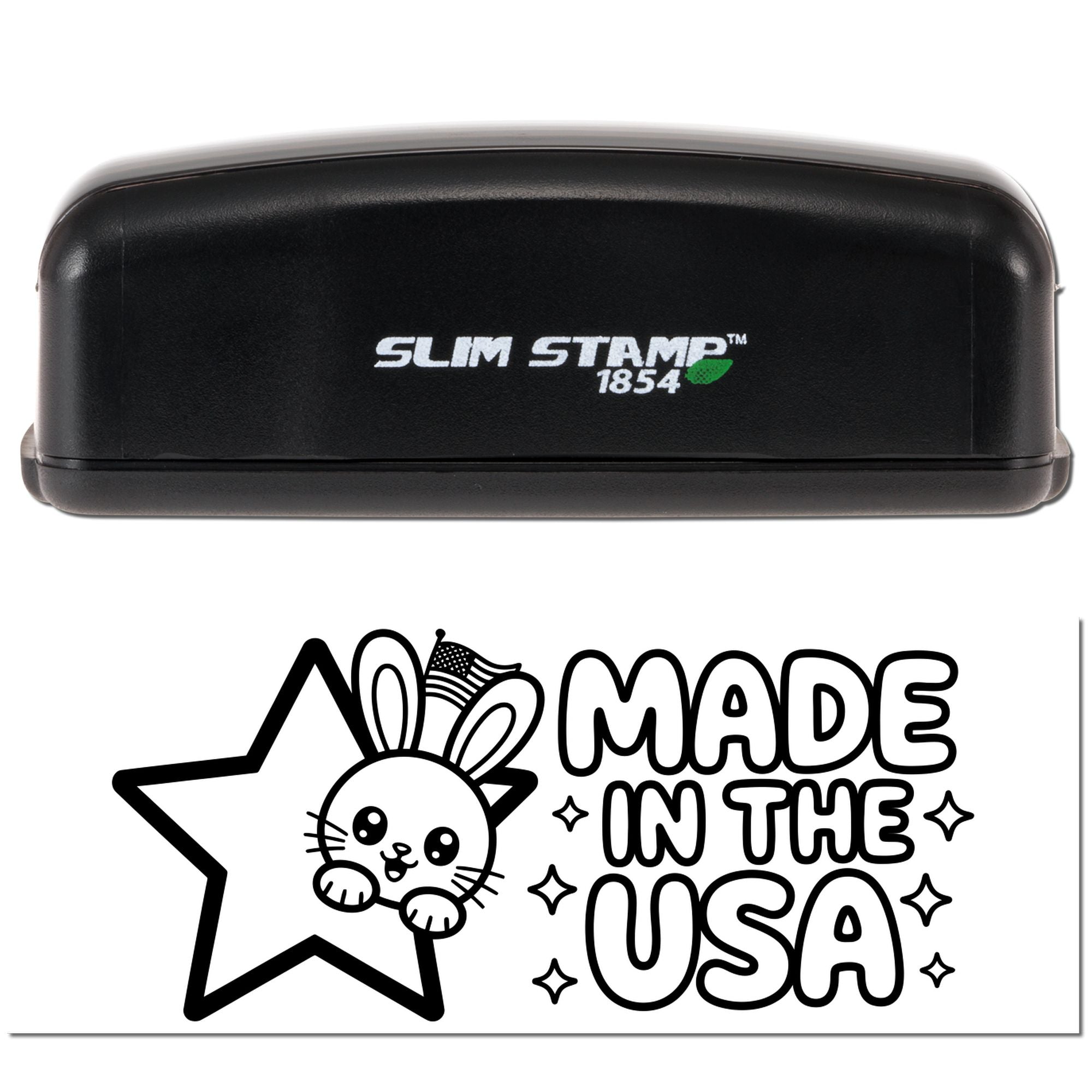 Black Slim Stamp 1854 self-inking stamp and black-and-white Made in the USA seal with bunny star design.