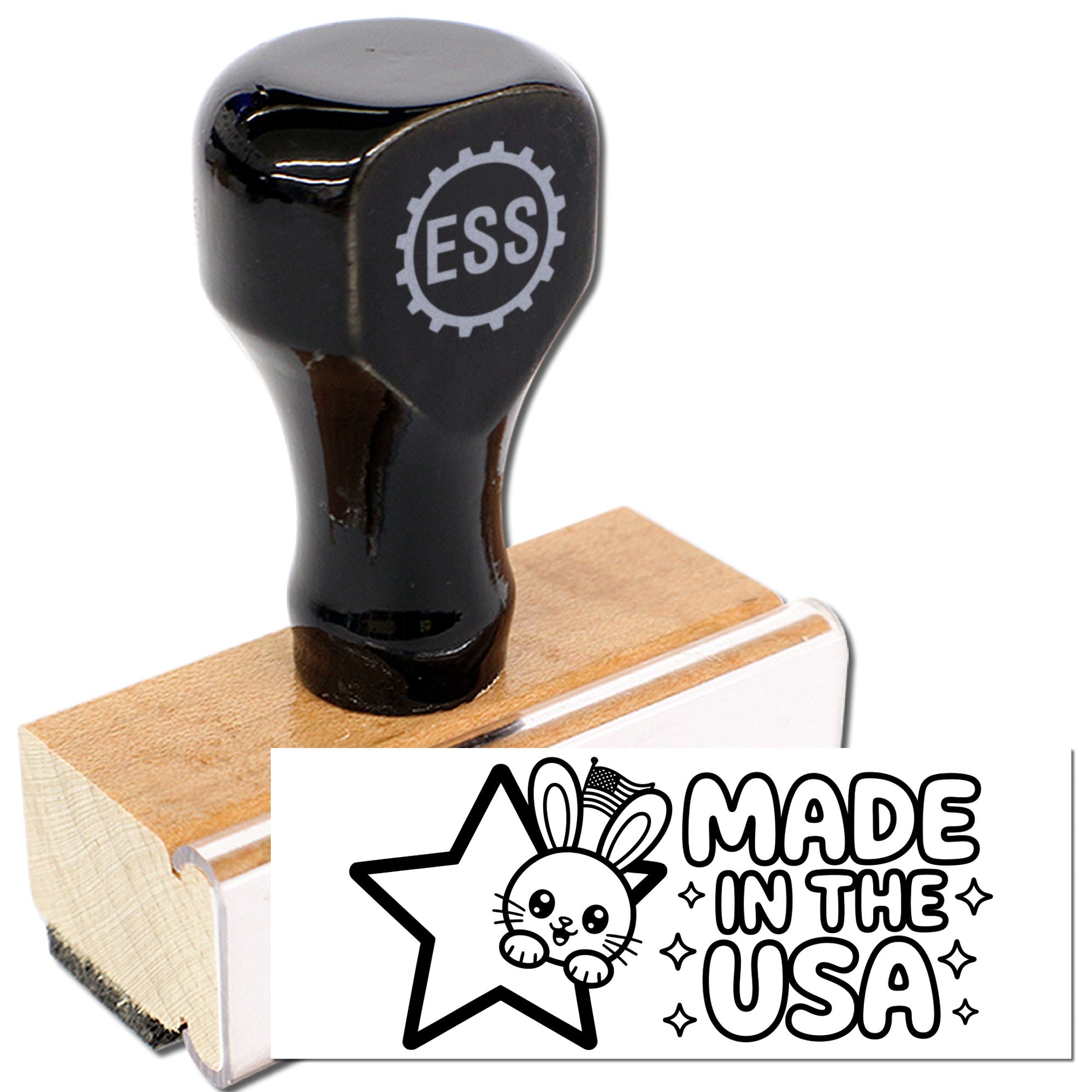 Black custom stamp and seal with ESS gear logo, wooden base, and sample Made in the USA imprint